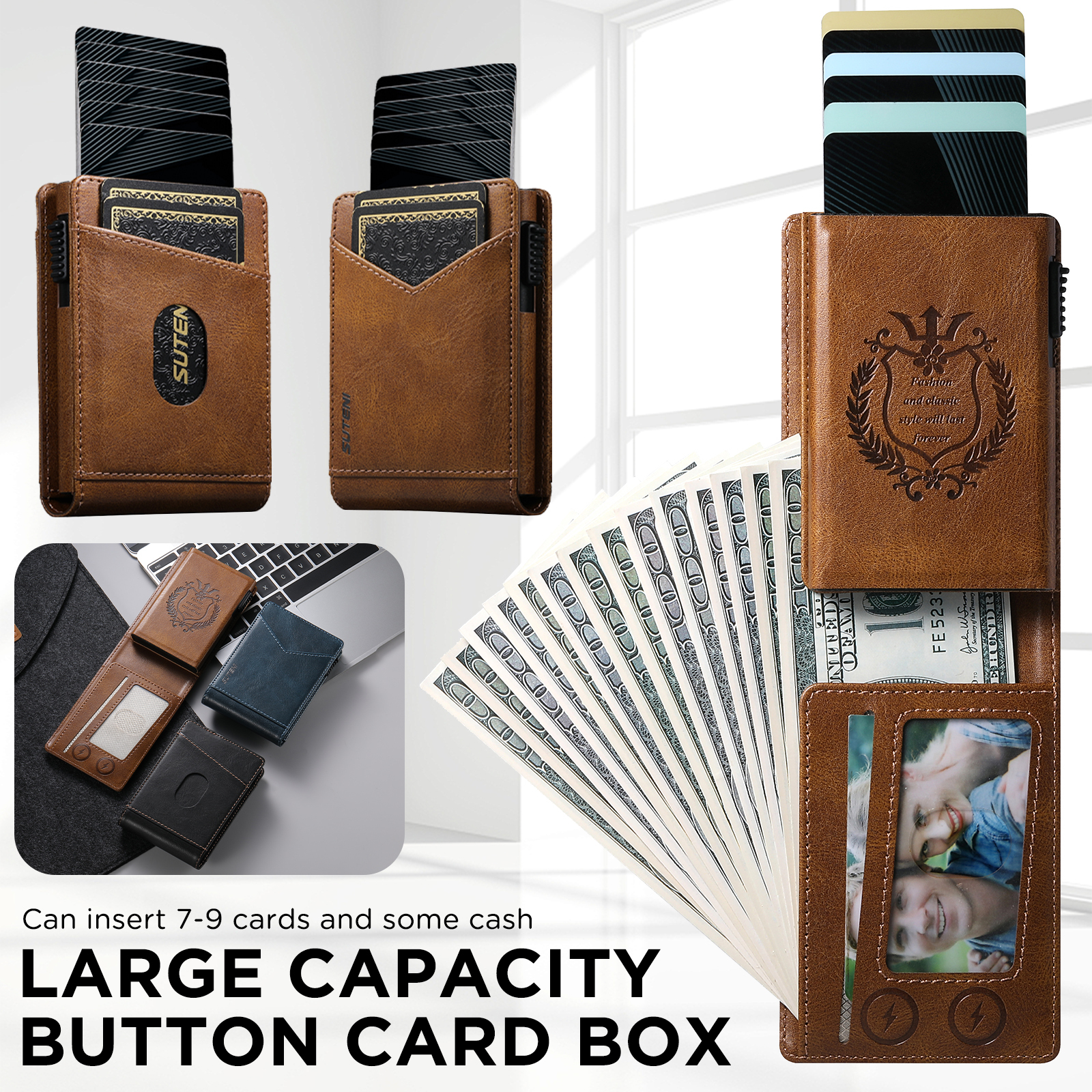 SUTENI KH8YL Card Slot Wallet Flip Cover Faux Leather Card Box Pressing The Button Automatically Ejects The Card