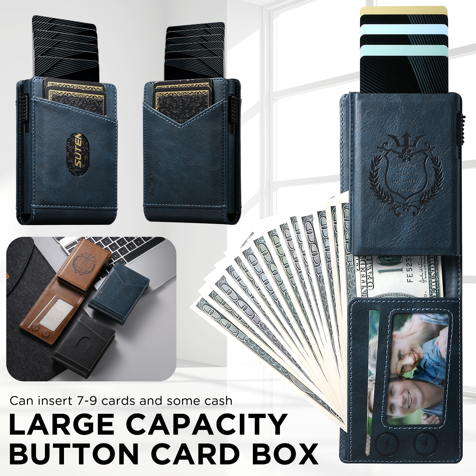 SUTENI KH8YL Card Slot Wallet Flip Cover Faux Leather Card Box Pressing The Button Automatically Ejects The Card