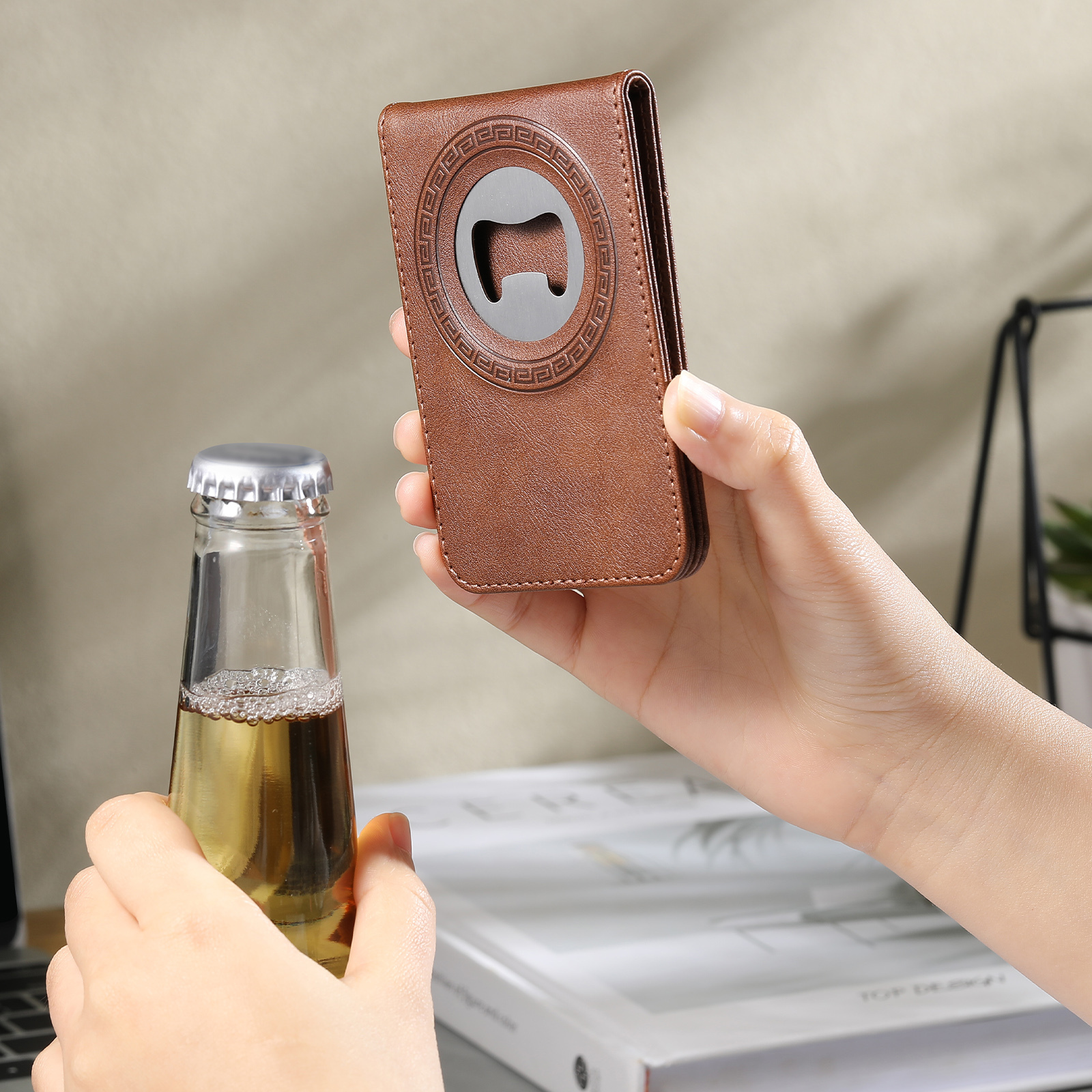 SUTENI S5 Mobile Phone Stand Magnet Flip Pocket Card Holder Storage Luxury Faux Leather Bottle Opener Bag Wallet