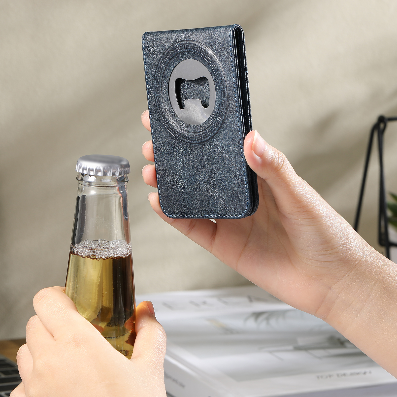 SUTENI S5 Mobile Phone Stand Magnet Flip Pocket Card Holder Storage Luxury Faux Leather Bottle Opener Bag Wallet