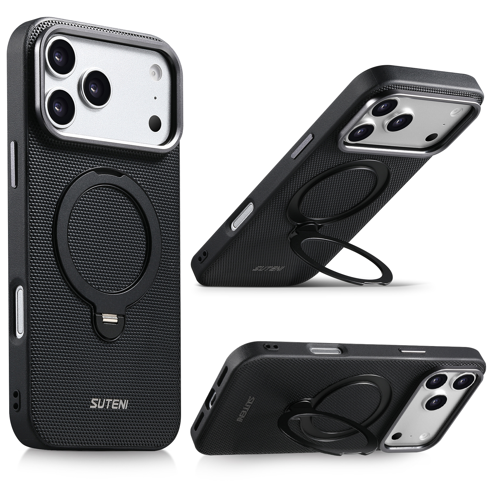 SUTENI G7SJ Faux Leather Magnet Wireless Charging Phone Case 360° Rotating Stand Ring Buckle Frosted Feel Metal Lens Frame For iPhone 17 Pro Max 16 15 14 13