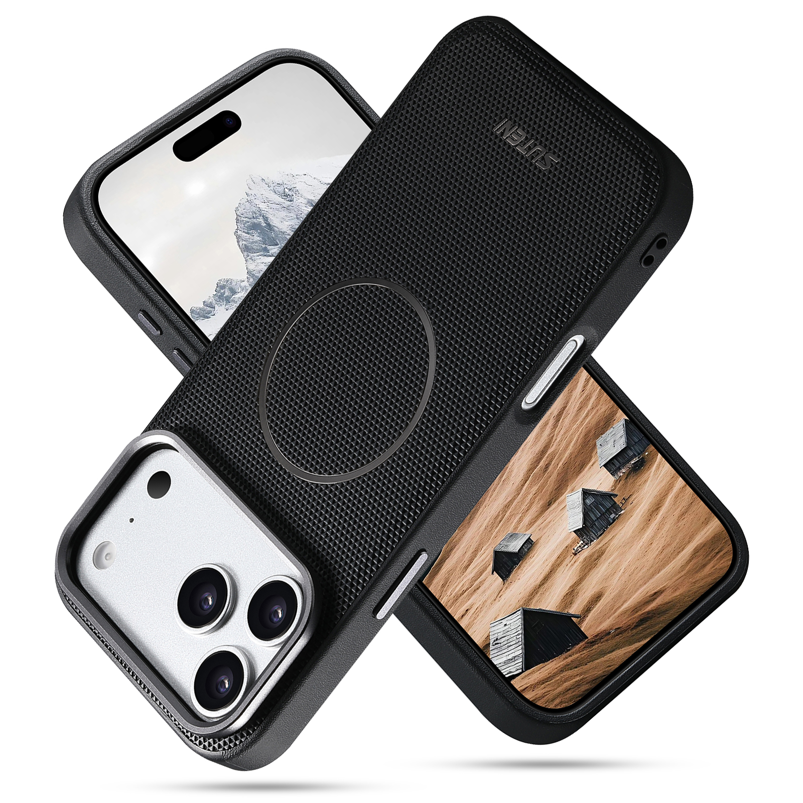 SUTENI G8SJ Faux Leather Magnet Wireless Charging Smooth Texture Metal Lens Frame Phone Case For iPhone 17 Pro Max 16 Plus 15 14 13