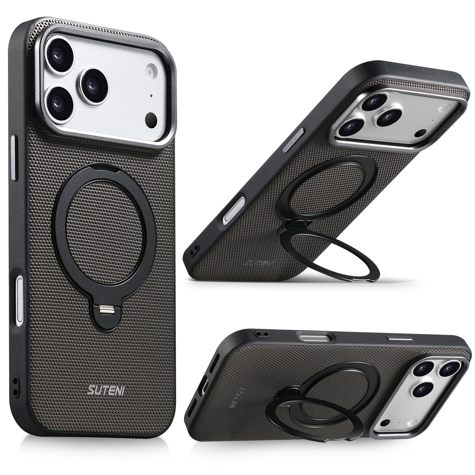 SUTENI G7SJ Faux Leather Magnet Wireless Charging Phone Case 360° Rotating Stand Ring Buckle Frosted Feel Metal Lens Frame For iPhone 17 Pro Max 16 15 14 13
