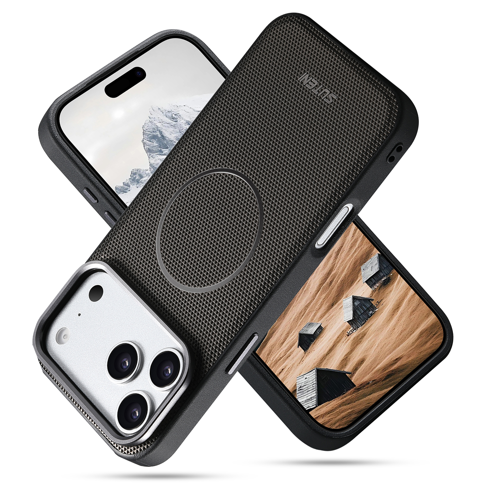 SUTENI G8SJ Faux Leather Magnet Wireless Charging Smooth Texture Metal Lens Frame Phone Case For iPhone 17 Pro Max 16 Plus 15 14 13
