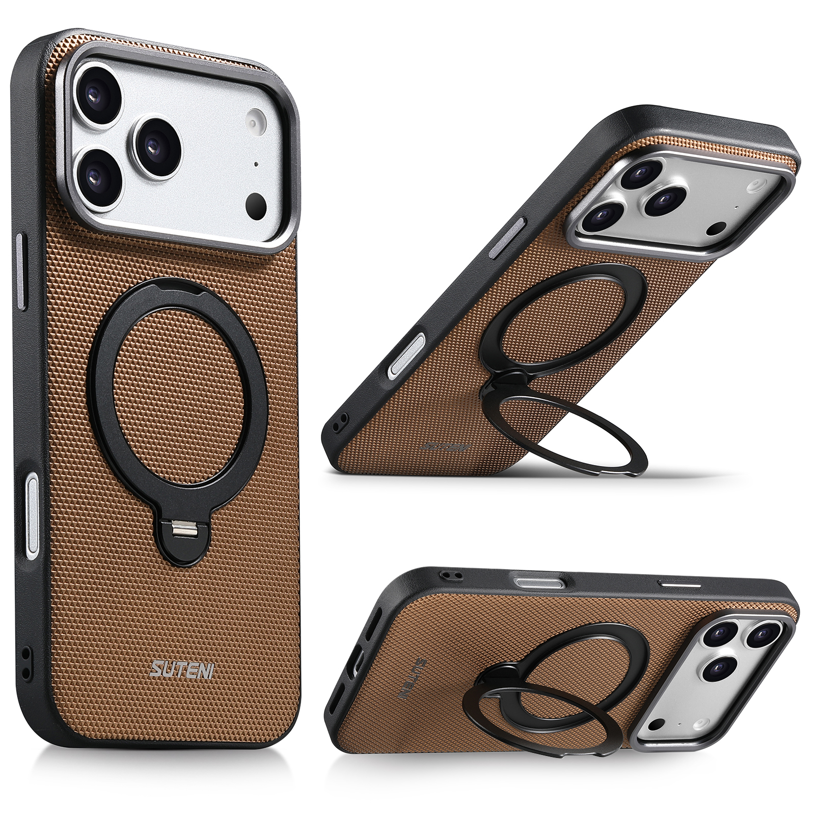SUTENI G7SJ Faux Leather Magnet Wireless Charging Phone Case 360° Rotating Stand Ring Buckle Frosted Feel Metal Lens Frame For iPhone 17 Pro Max 16 15 14 13