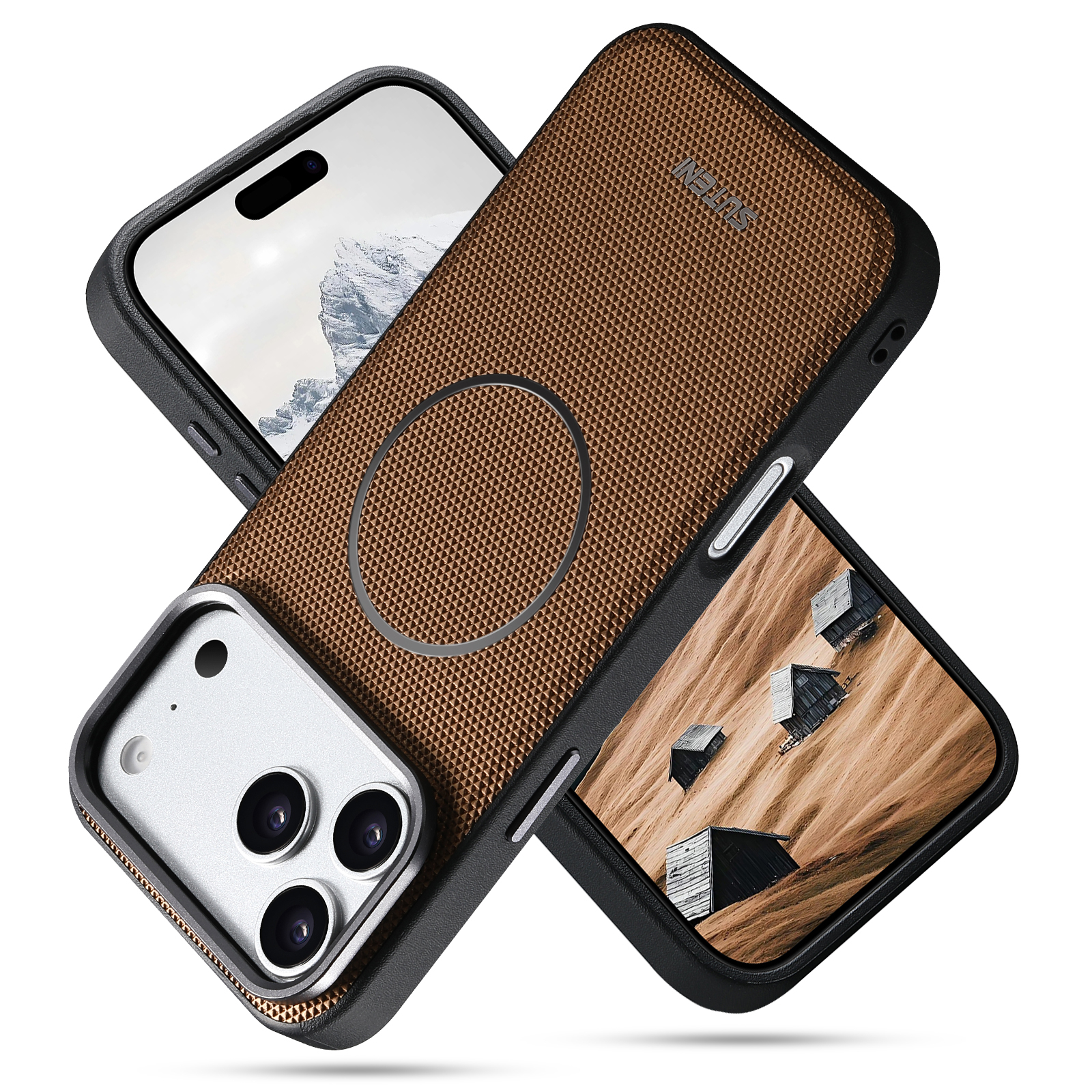 SUTENI G8SJ Faux Leather Magnet Wireless Charging Smooth Texture Metal Lens Frame Phone Case For iPhone 17 Pro Max 16 Plus 15 14 13