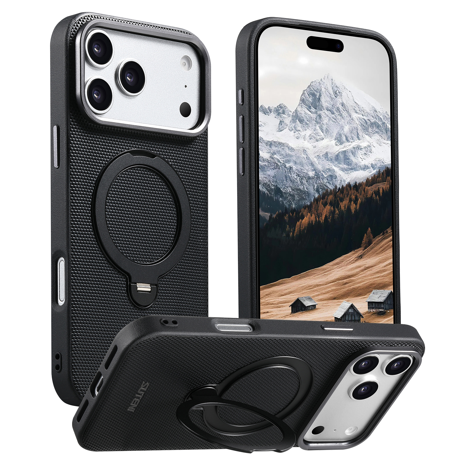 SUTENI G7SJ Faux Leather Magnet Wireless Charging Phone Case 360° Rotating Stand Ring Buckle Frosted Feel Metal Lens Frame For iPhone 17 Pro Max 16 15 14 13