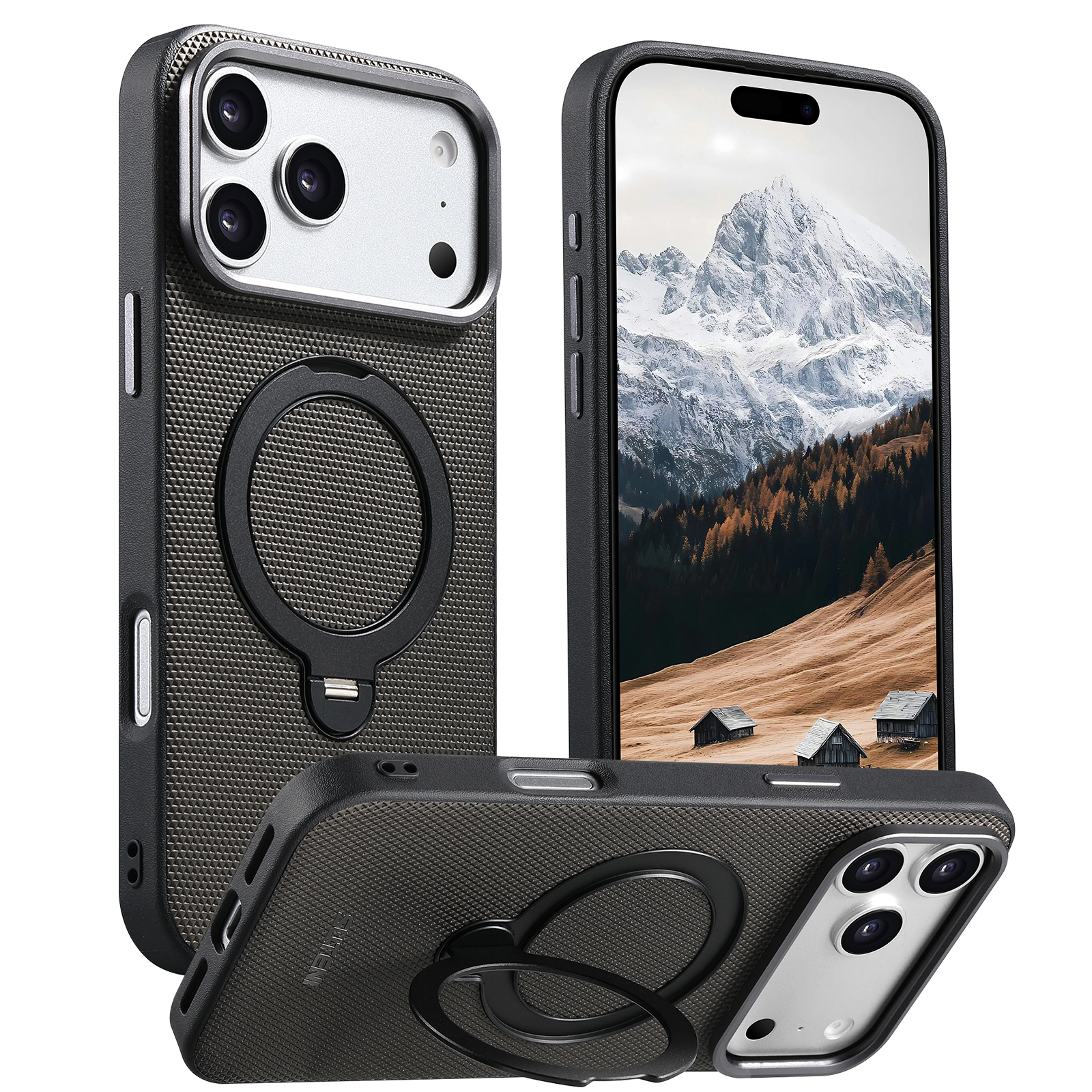 SUTENI G7SJ Faux Leather Magnet Wireless Charging Phone Case 360° Rotating Stand Ring Buckle Frosted Feel Metal Lens Frame For iPhone 17 Pro Max 16 15 14 13