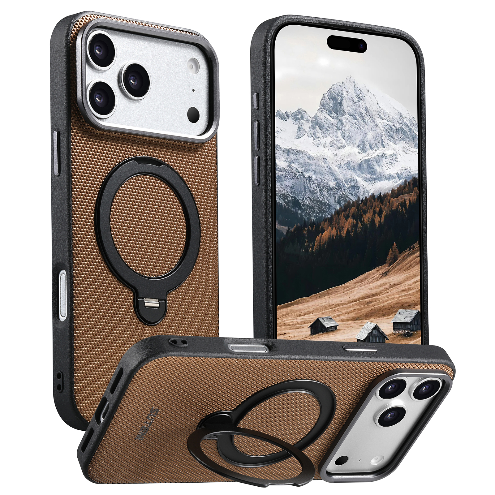 SUTENI G7SJ Faux Leather Magnet Wireless Charging Phone Case 360° Rotating Stand Ring Buckle Frosted Feel Metal Lens Frame For iPhone 17 Pro Max 16 15 14 13