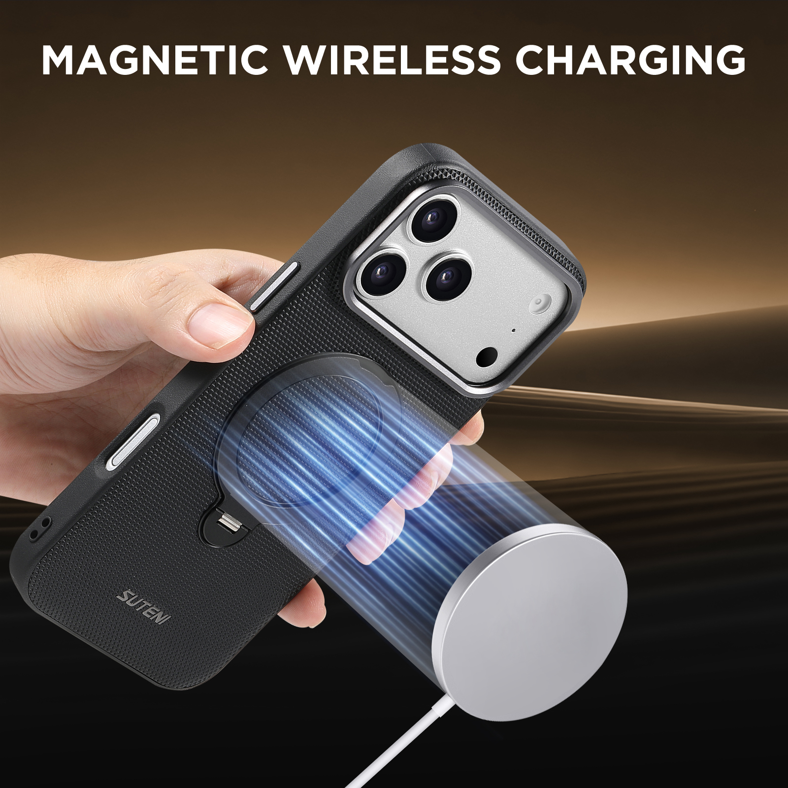 SUTENI G7SJ Faux Leather Magnet Wireless Charging Phone Case 360° Rotating Stand Ring Buckle Frosted Feel Metal Lens Frame For iPhone 17 Pro Max 16 15 14 13