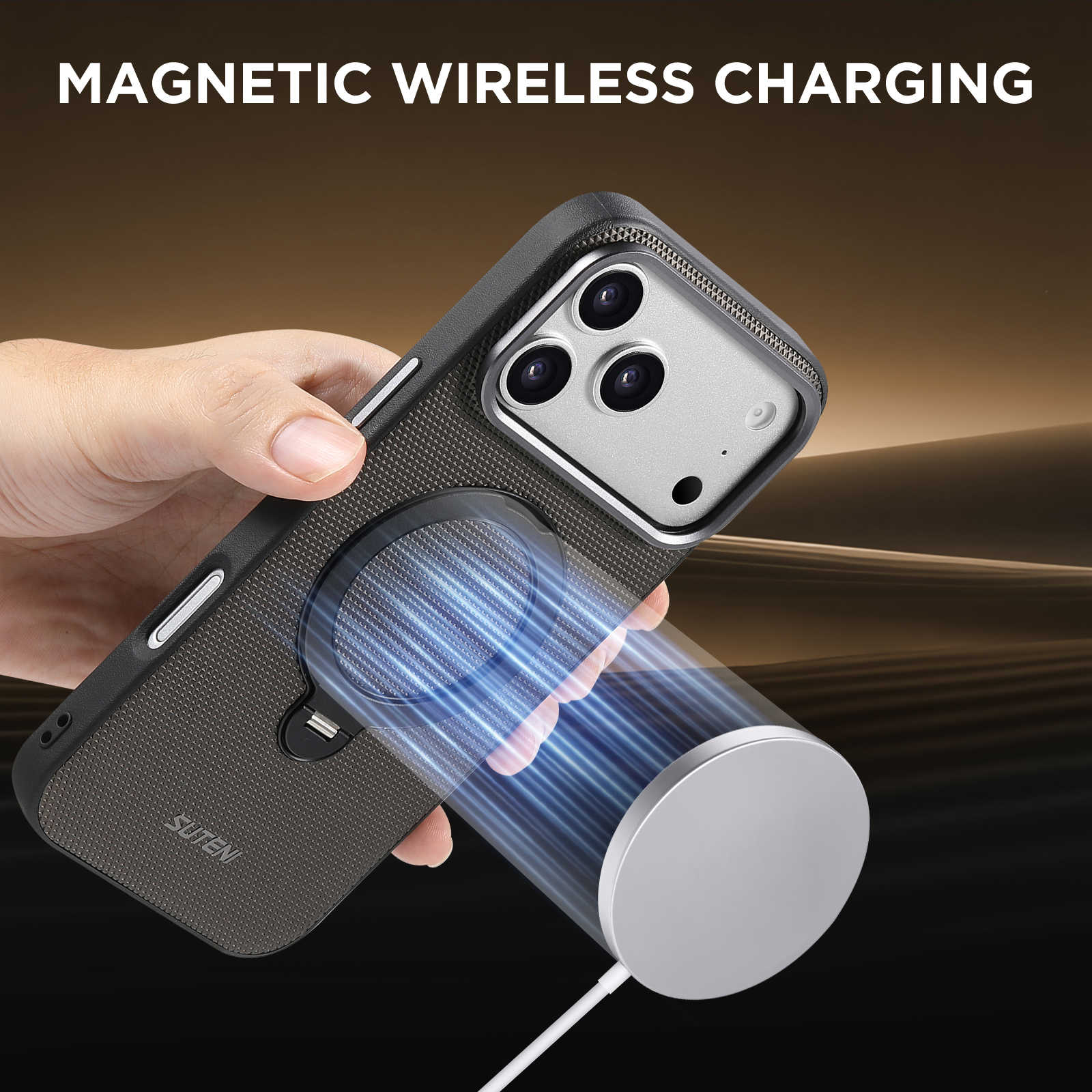 SUTENI G7SJ Faux Leather Magnet Wireless Charging Phone Case 360° Rotating Stand Ring Buckle Frosted Feel Metal Lens Frame For iPhone 17 Pro Max 16 15 14 13