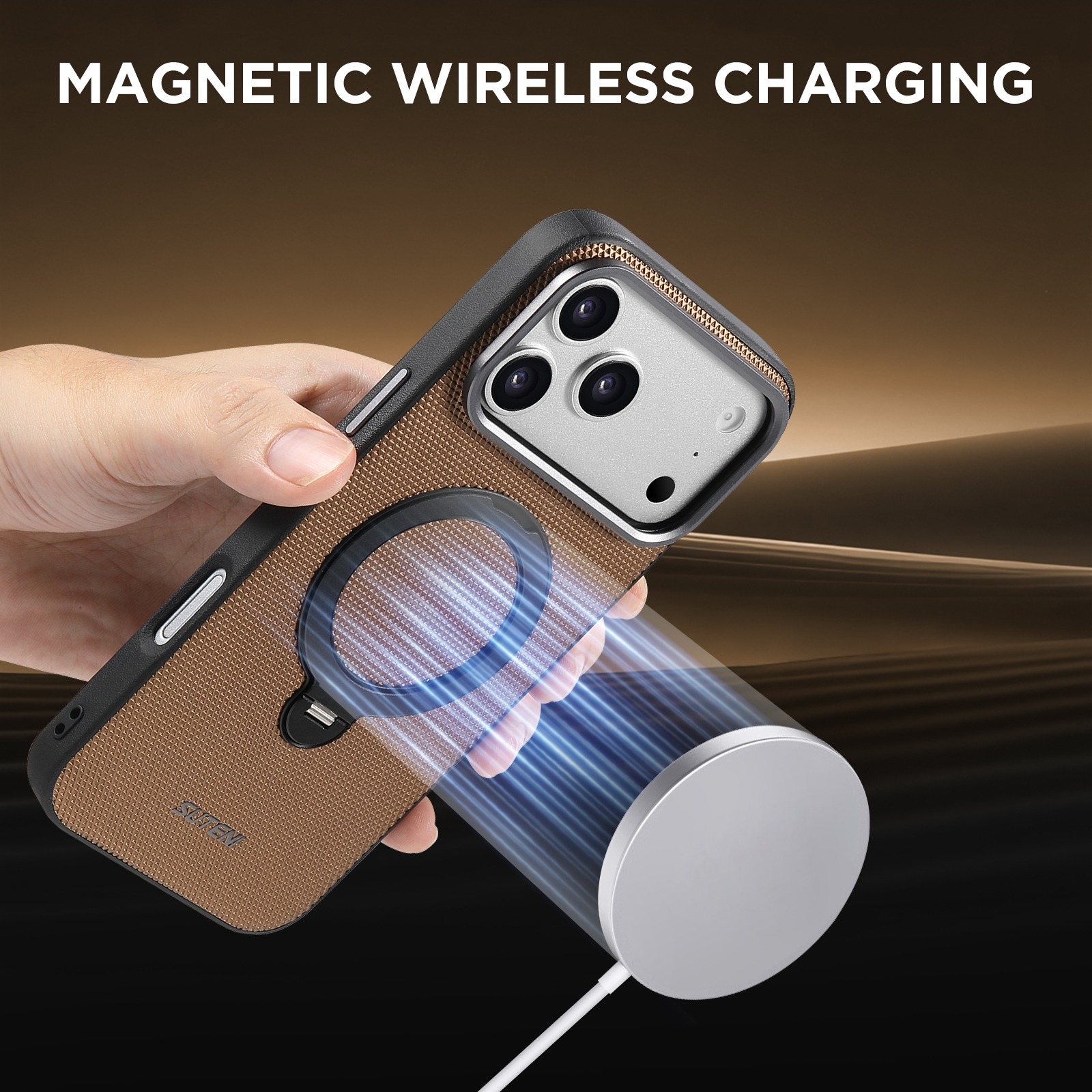 SUTENI G7SJ Faux Leather Magnet Wireless Charging Phone Case 360° Rotating Stand Ring Buckle Frosted Feel Metal Lens Frame For iPhone 17 Pro Max 16 15 14 13