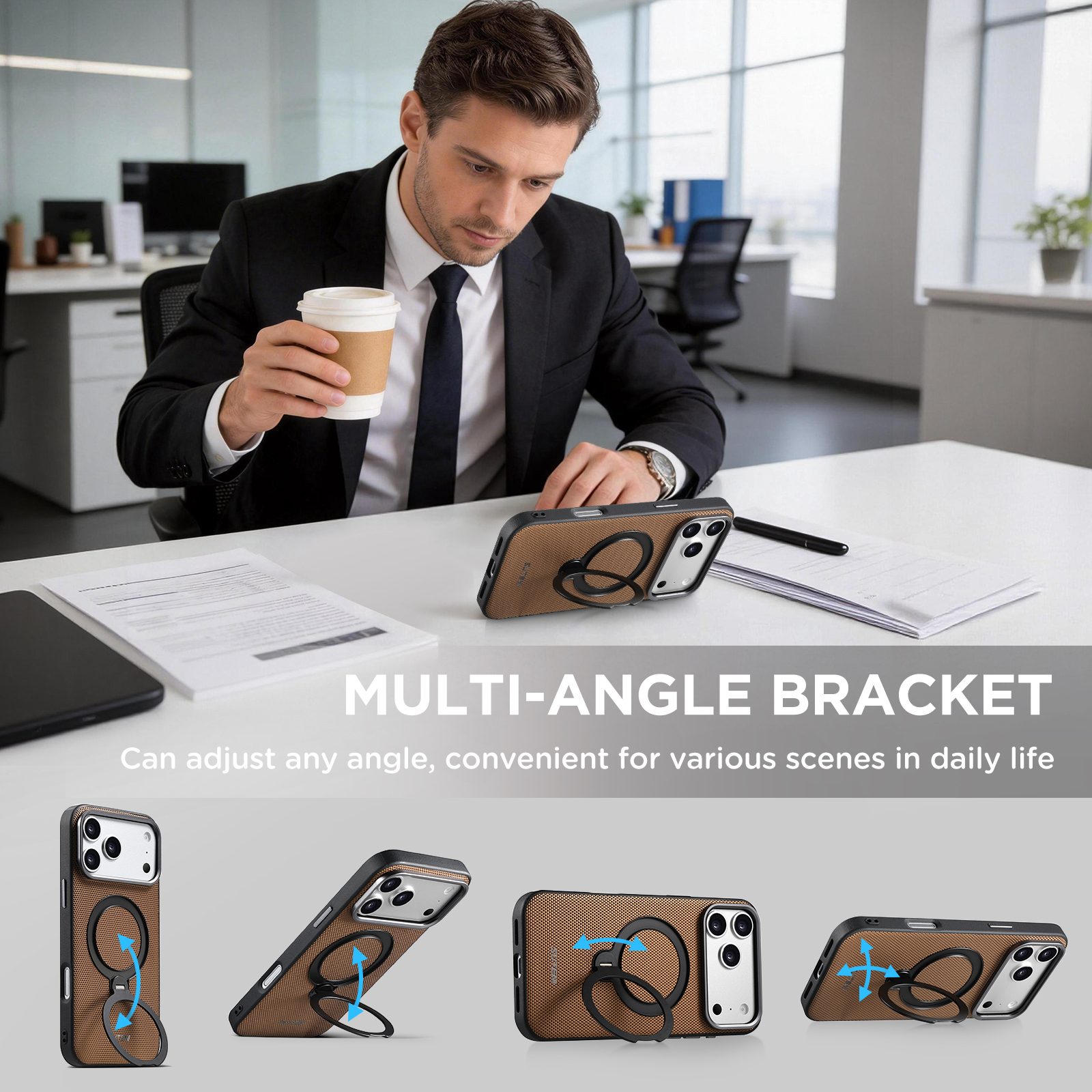 SUTENI G7SJ Faux Leather Magnet Wireless Charging Phone Case 360° Rotating Stand Ring Buckle Frosted Feel Metal Lens Frame For iPhone 17 Pro Max 16 15 14 13