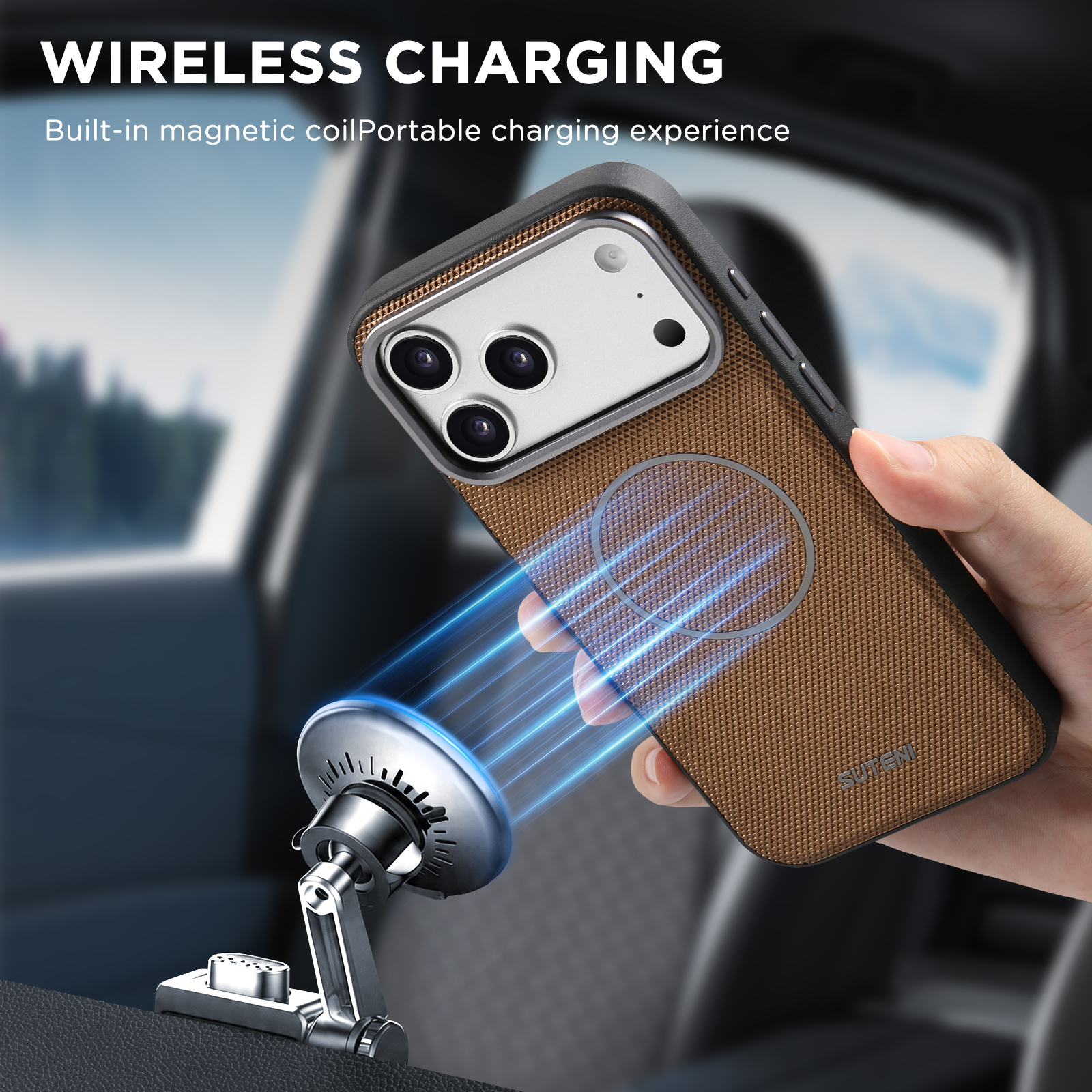 SUTENI G8SJ Faux Leather Magnet Wireless Charging Smooth Texture Metal Lens Frame Phone Case For iPhone 17 Pro Max 16 Plus 15 14 13