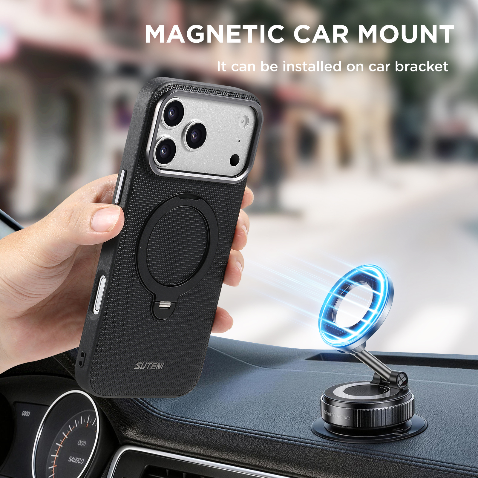 SUTENI G7SJ Faux Leather Magnet Wireless Charging Phone Case 360° Rotating Stand Ring Buckle Frosted Feel Metal Lens Frame For iPhone 17 Pro Max 16 15 14 13