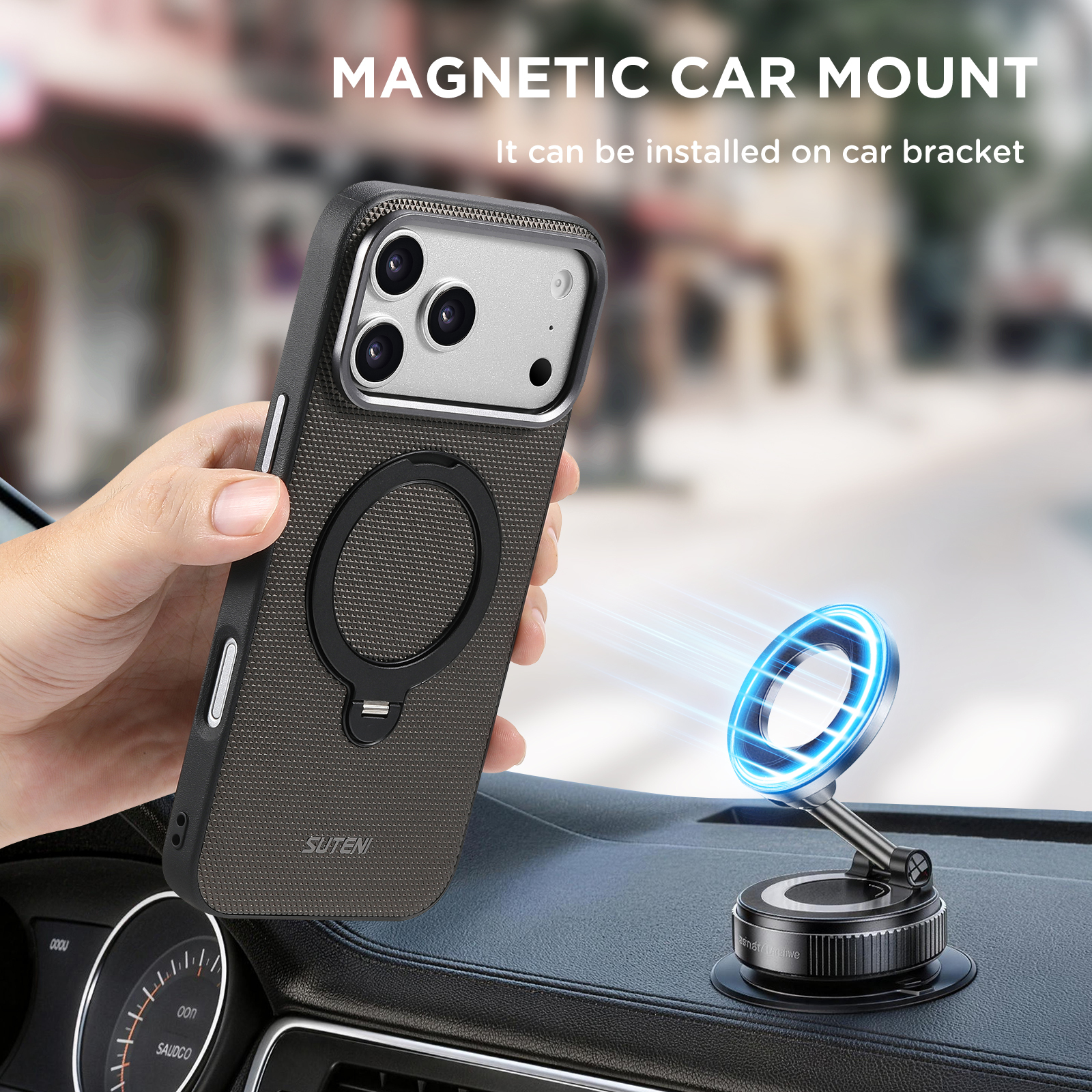 SUTENI G7SJ Faux Leather Magnet Wireless Charging Phone Case 360° Rotating Stand Ring Buckle Frosted Feel Metal Lens Frame For iPhone 17 Pro Max 16 15 14 13