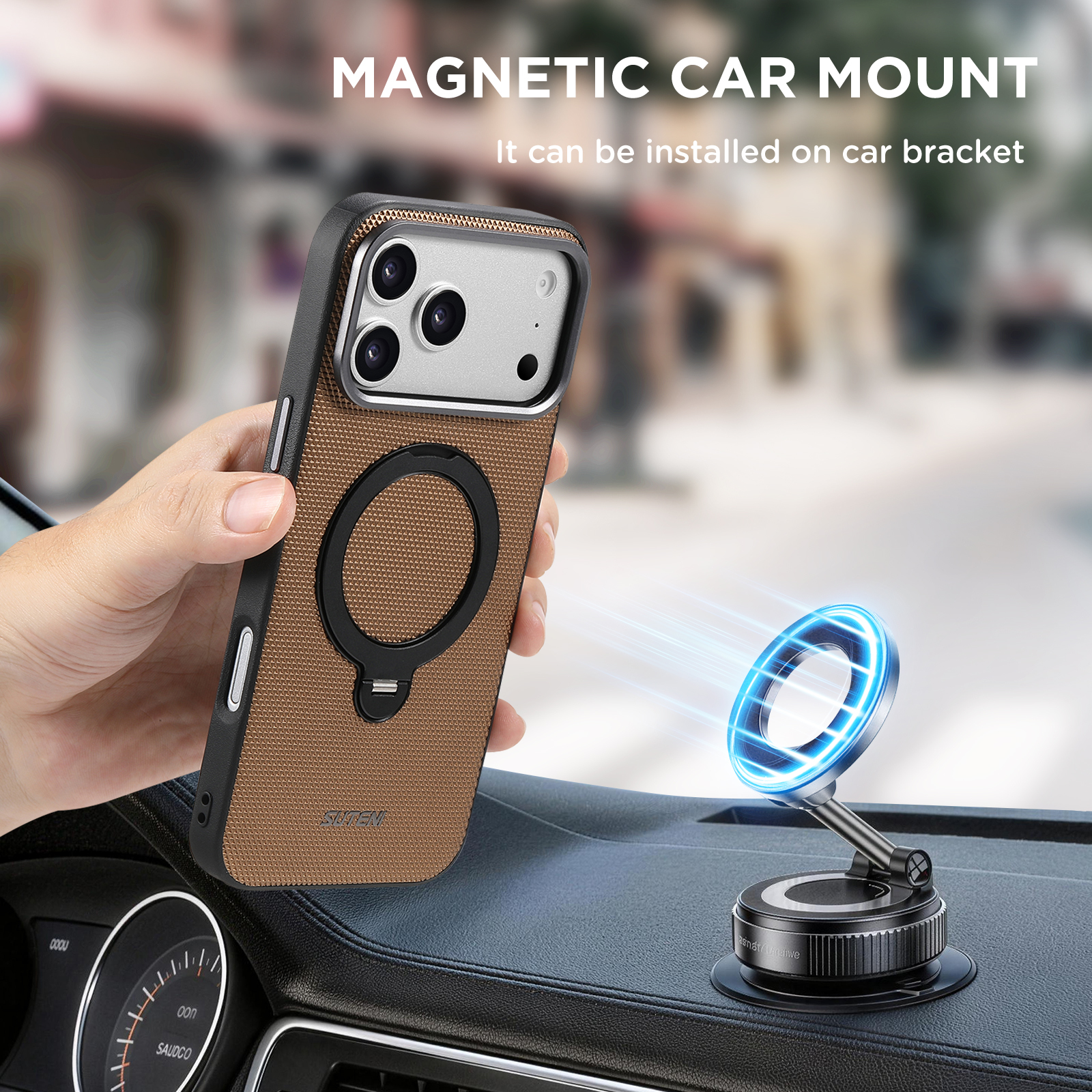 SUTENI G7SJ Faux Leather Magnet Wireless Charging Phone Case 360° Rotating Stand Ring Buckle Frosted Feel Metal Lens Frame For iPhone 17 Pro Max 16 15 14 13