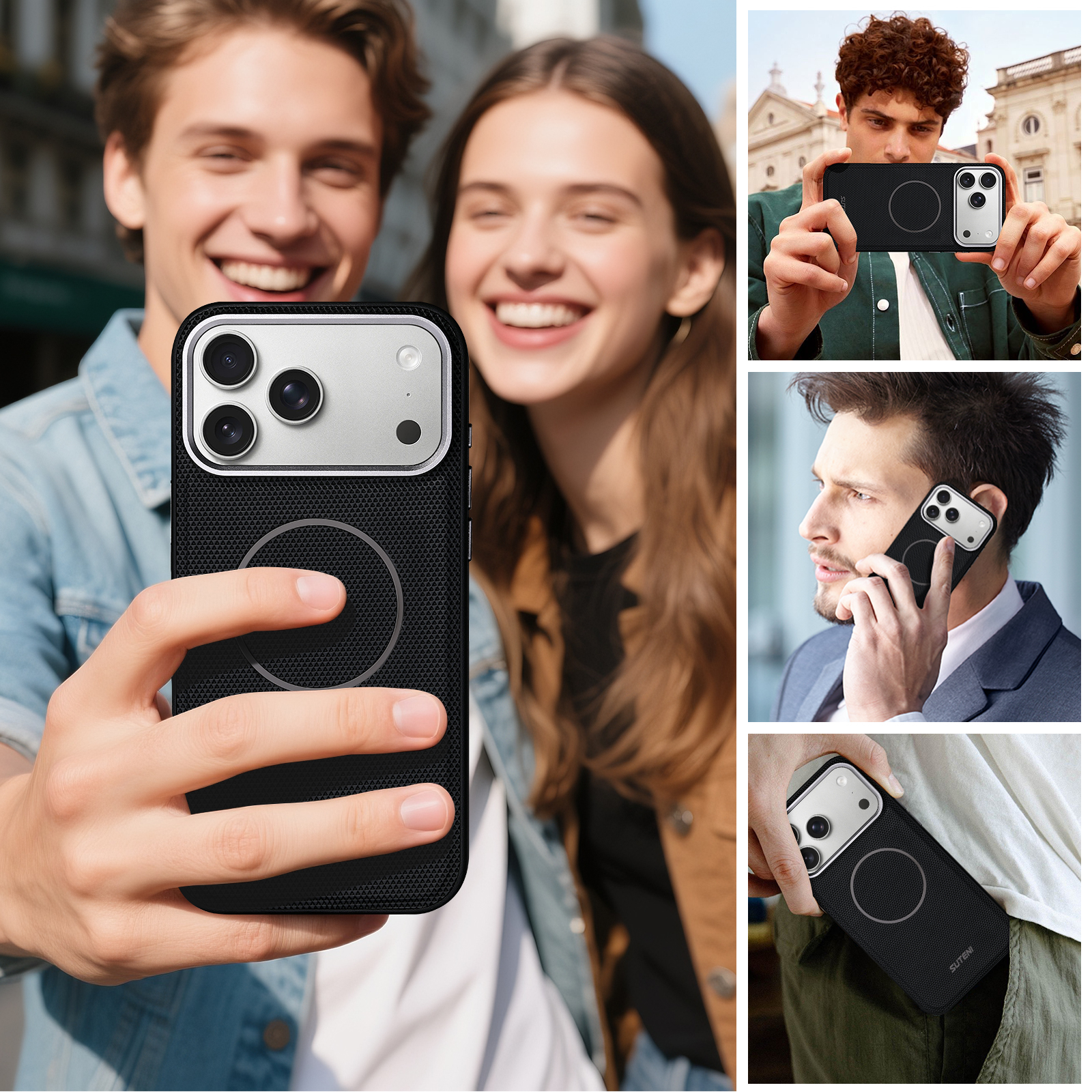 SUTENI G8SJ Faux Leather Magnet Wireless Charging Smooth Texture Metal Lens Frame Phone Case For iPhone 17 Pro Max 16 Plus 15 14 13