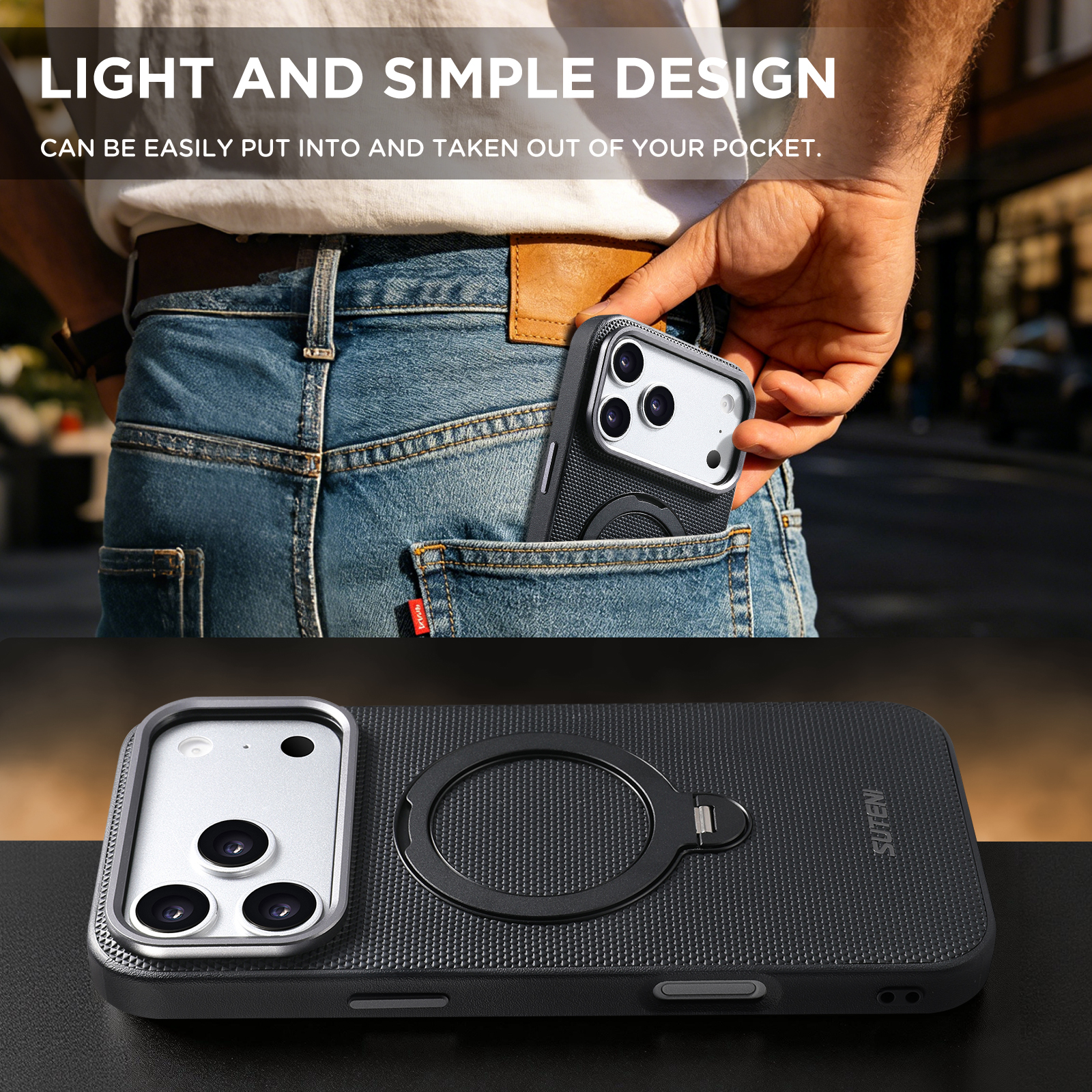 SUTENI G7SJ Faux Leather Magnet Wireless Charging Phone Case 360° Rotating Stand Ring Buckle Frosted Feel Metal Lens Frame For iPhone 17 Pro Max 16 15 14 13