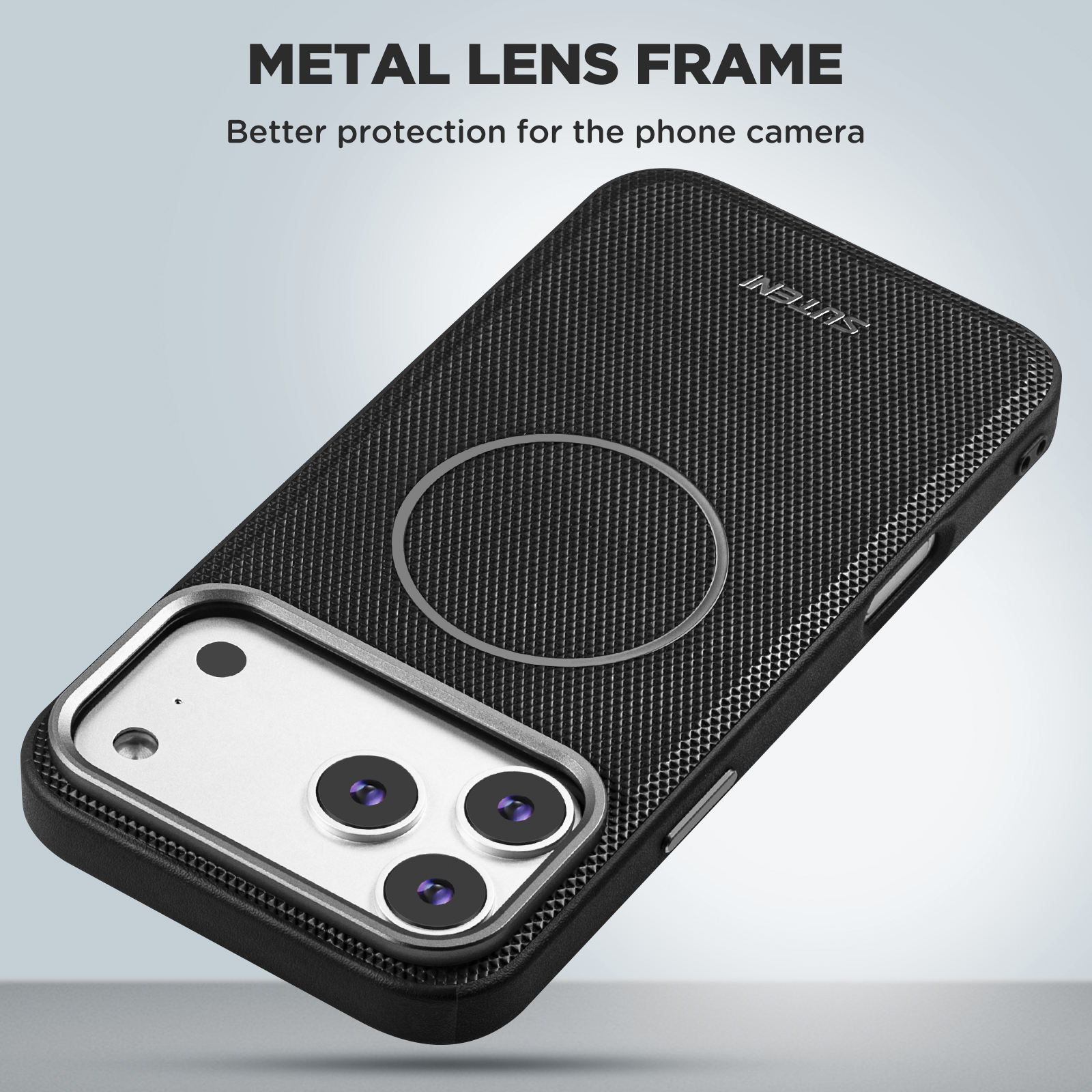 SUTENI G8SJ Faux Leather Magnet Wireless Charging Smooth Texture Metal Lens Frame Phone Case For iPhone 17 Pro Max 16 Plus 15 14 13