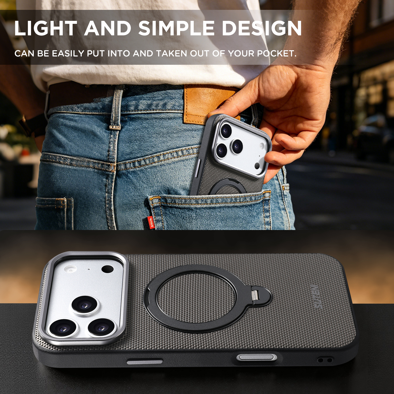 SUTENI G7SJ Faux Leather Magnet Wireless Charging Phone Case 360° Rotating Stand Ring Buckle Frosted Feel Metal Lens Frame For iPhone 17 Pro Max 16 15 14 13