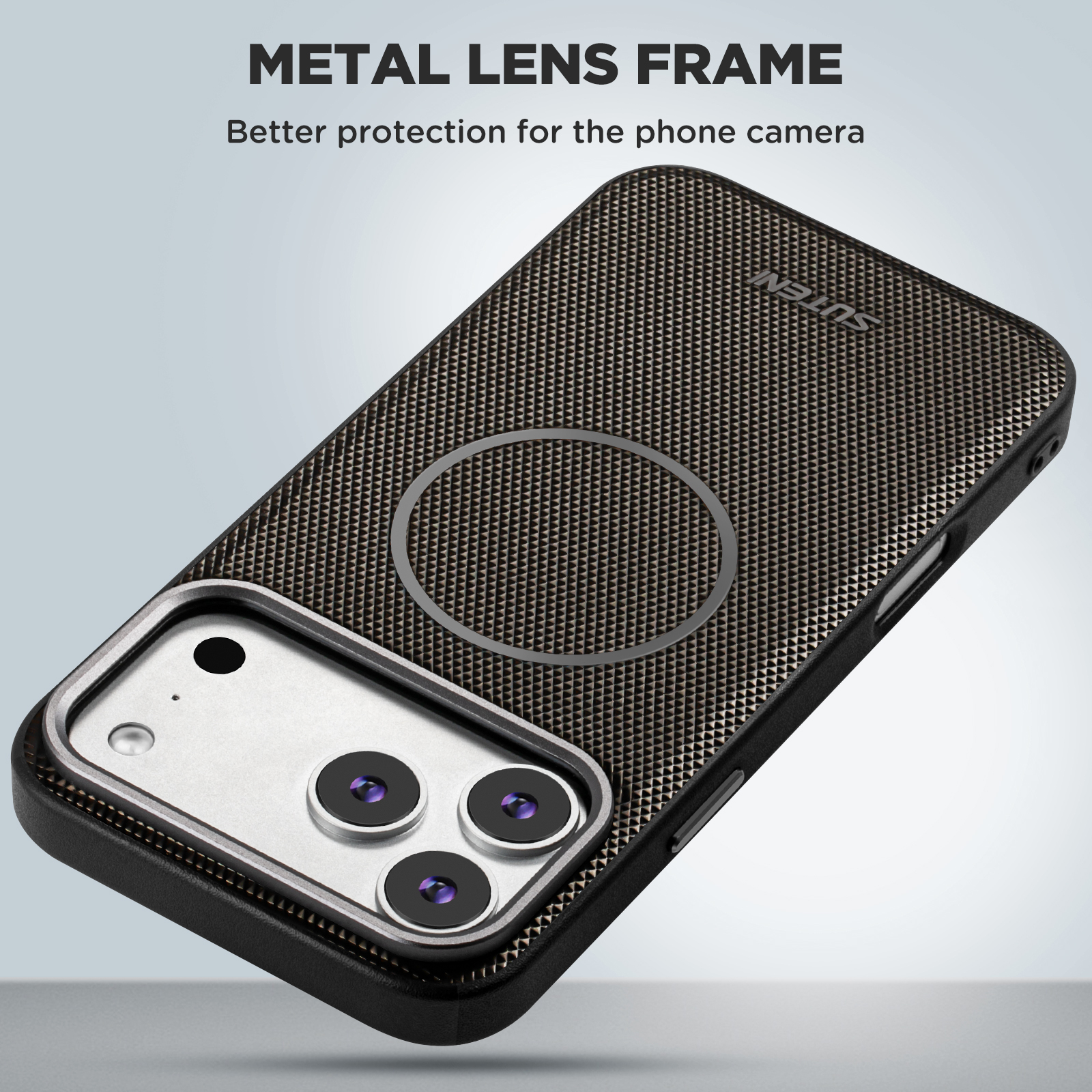 SUTENI G8SJ Faux Leather Magnet Wireless Charging Smooth Texture Metal Lens Frame Phone Case For iPhone 17 Pro Max 16 Plus 15 14 13