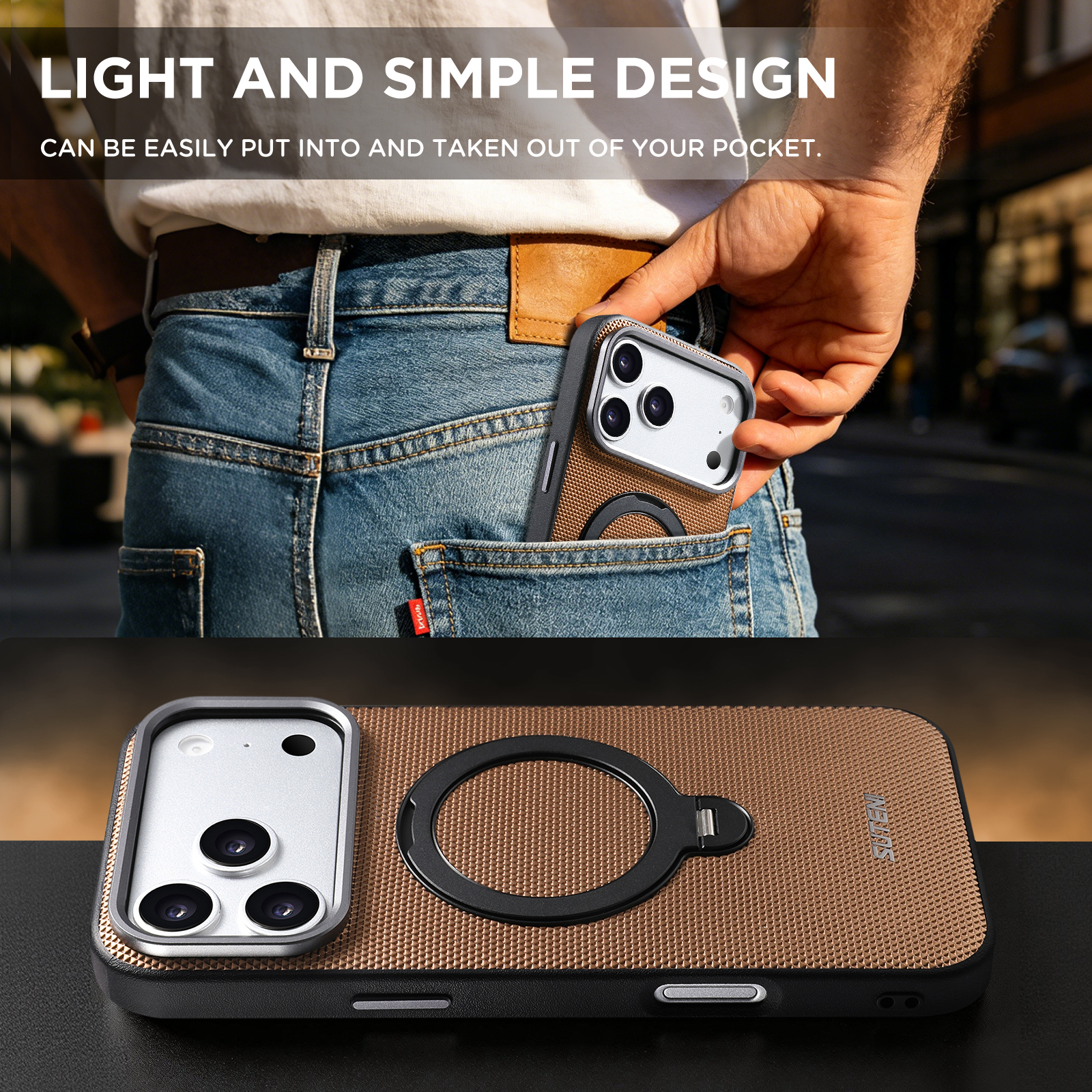 SUTENI G7SJ Faux Leather Magnet Wireless Charging Phone Case 360° Rotating Stand Ring Buckle Frosted Feel Metal Lens Frame For iPhone 17 Pro Max 16 15 14 13