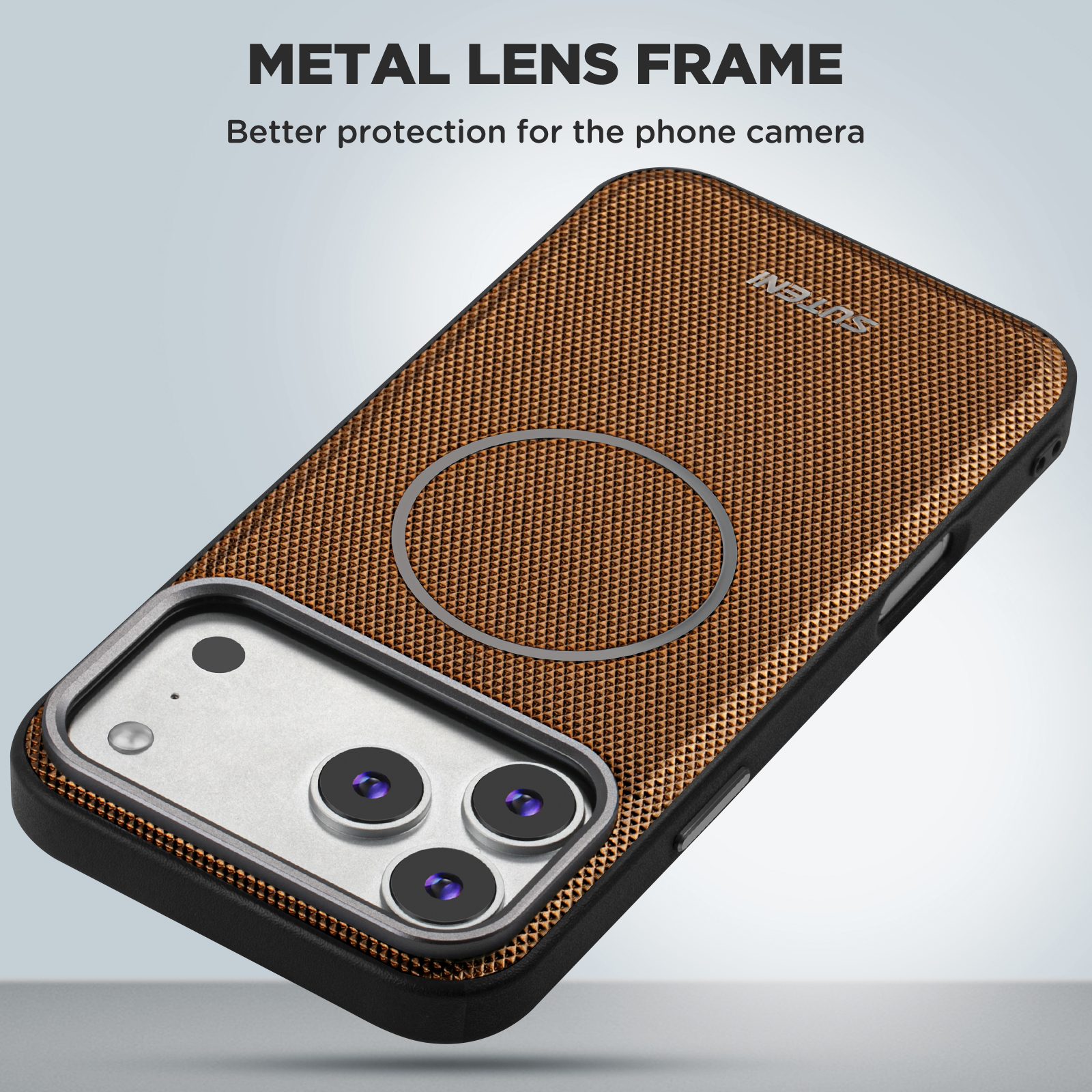 SUTENI G8SJ Faux Leather Magnet Wireless Charging Smooth Texture Metal Lens Frame Phone Case For iPhone 17 Pro Max 16 Plus 15 14 13