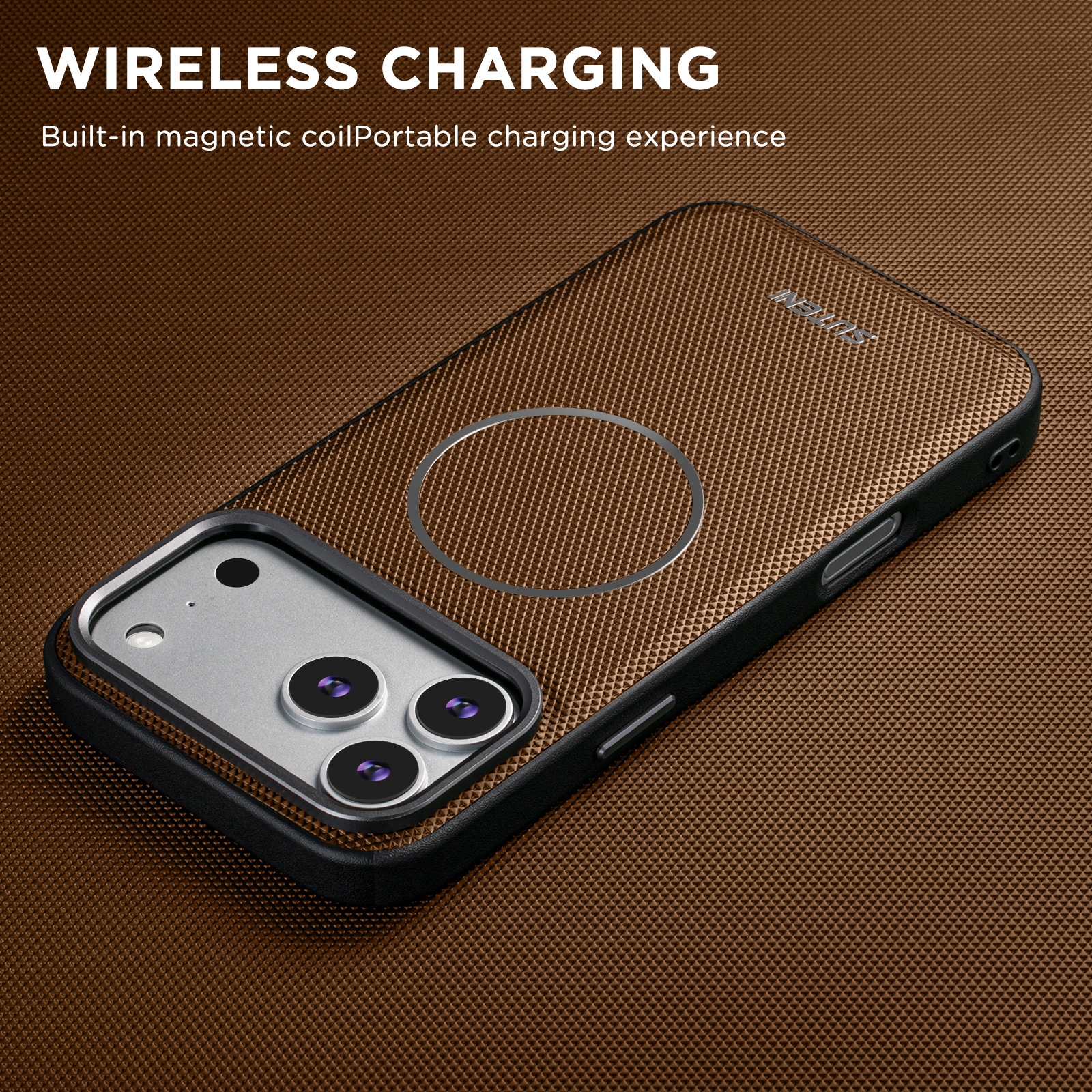 SUTENI G8SJ Faux Leather Magnet Wireless Charging Smooth Texture Metal Lens Frame Phone Case For iPhone 17 Pro Max 16 Plus 15 14 13