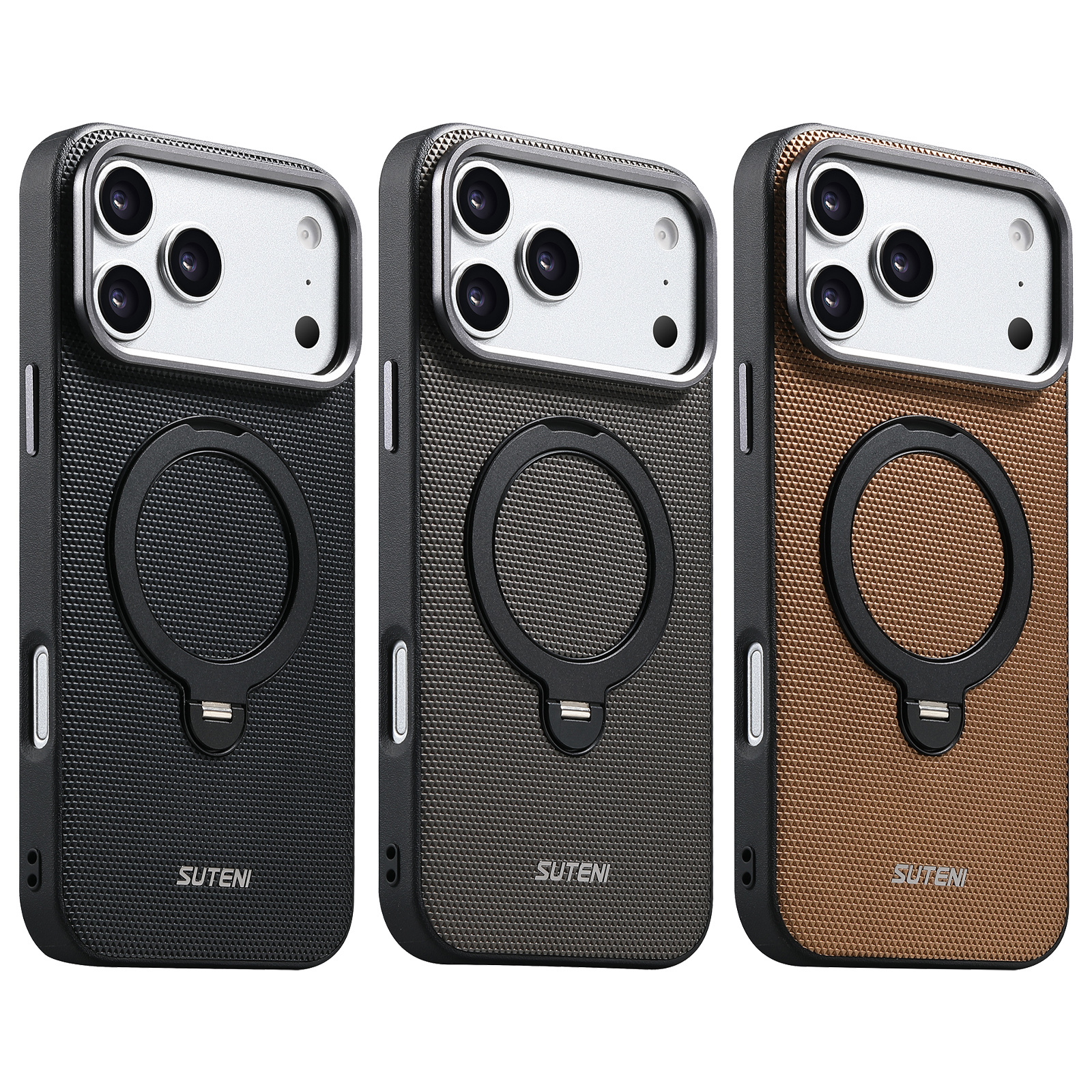SUTENI G7SJ Faux Leather Magnet Wireless Charging Phone Case 360° Rotating Stand Ring Buckle Frosted Feel Metal Lens Frame For iPhone 17 Pro Max 16 15 14 13