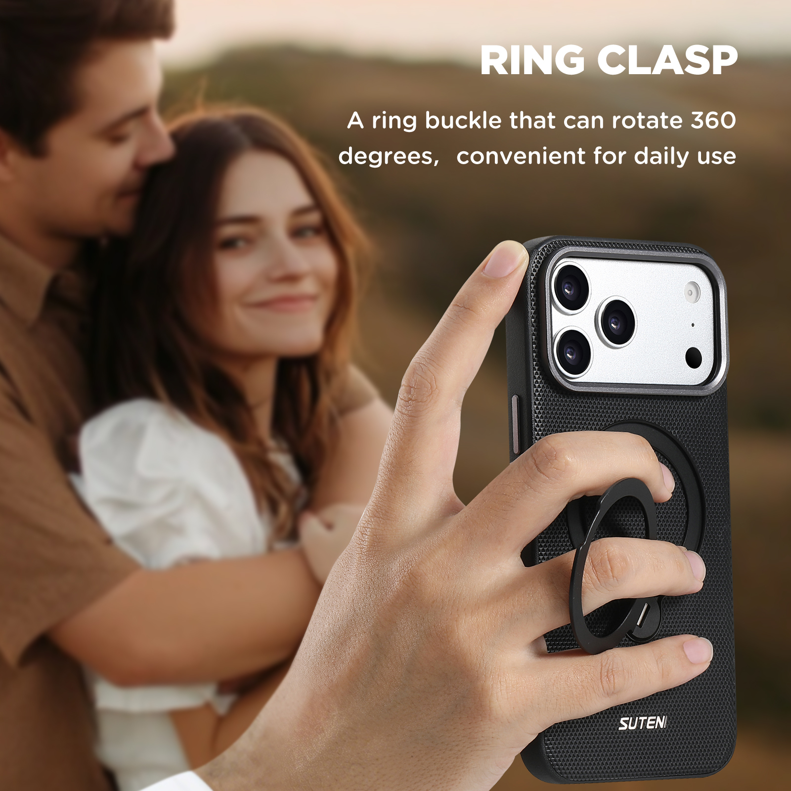 SUTENI G7SJ Faux Leather Magnet Wireless Charging Phone Case 360° Rotating Stand Ring Buckle Frosted Feel Metal Lens Frame For iPhone 17 Pro Max 16 15 14 13