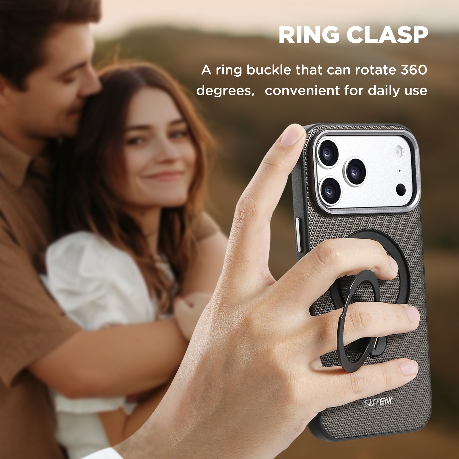 SUTENI G7SJ Faux Leather Magnet Wireless Charging Phone Case 360° Rotating Stand Ring Buckle Frosted Feel Metal Lens Frame For iPhone 17 Pro Max 16 15 14 13