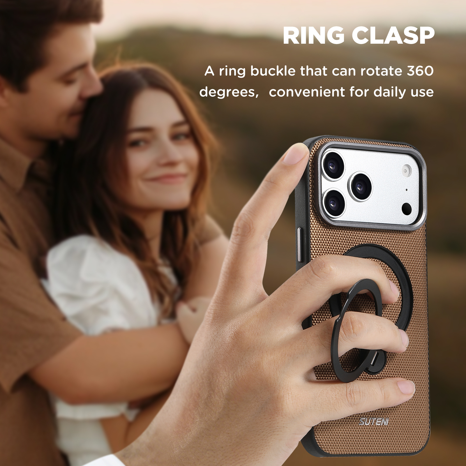 SUTENI G7SJ Faux Leather Magnet Wireless Charging Phone Case 360° Rotating Stand Ring Buckle Frosted Feel Metal Lens Frame For iPhone 17 Pro Max 16 15 14 13
