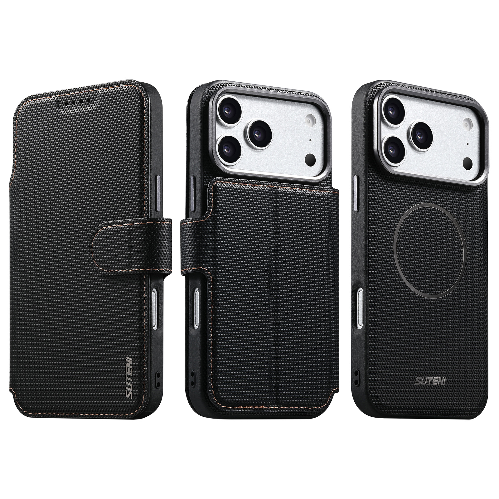 SUTENI Q09 Faux Leather Wireless Charging Card Holder Stand Wallet Magnetic Flip Cover Phone Case For iPhone 17 Pro Max 16 15 14 13