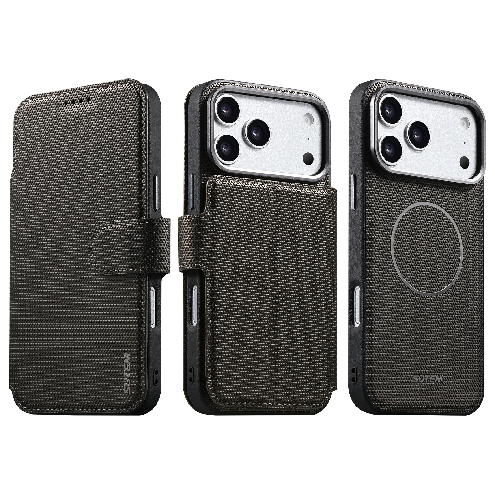 SUTENI Q09 Faux Leather Wireless Charging Card Holder Stand Wallet Magnetic Flip Cover Phone Case For iPhone 17 Pro Max 16 15 14 13