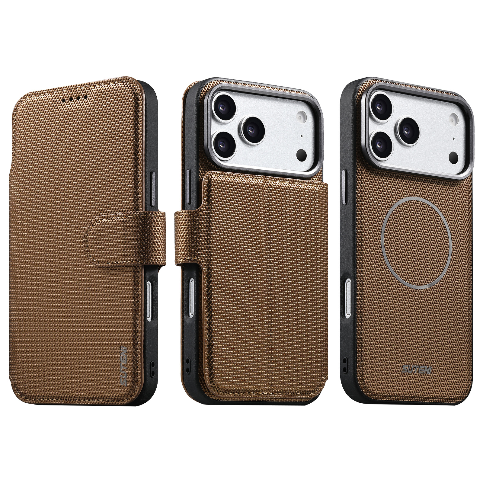 SUTENI Q09 Faux Leather Wireless Charging Card Holder Stand Wallet Magnetic Flip Cover Phone Case For iPhone 17 Pro Max 16 15 14 13