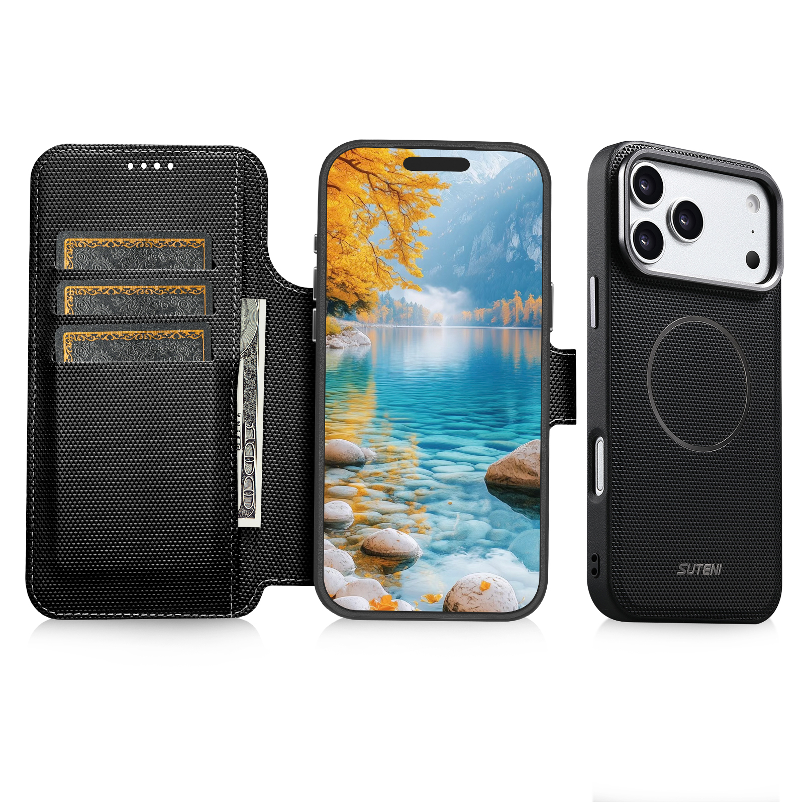 SUTENI Q09 Faux Leather Wireless Charging Card Holder Stand Wallet Magnetic Flip Cover Phone Case For iPhone 17 Pro Max 16 15 14 13
