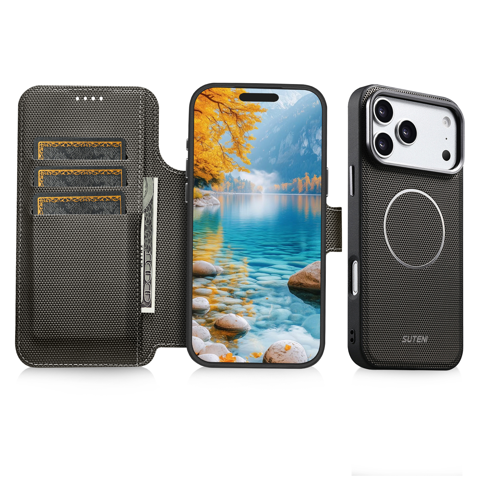 SUTENI Q09 Faux Leather Wireless Charging Card Holder Stand Wallet Magnetic Flip Cover Phone Case For iPhone 17 Pro Max 16 15 14 13