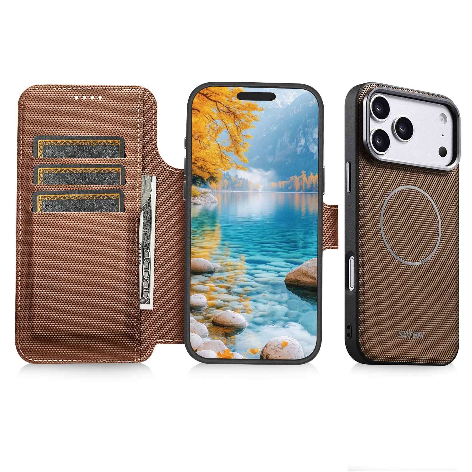 SUTENI Q09 Faux Leather Wireless Charging Card Holder Stand Wallet Magnetic Flip Cover Phone Case For iPhone 17 Pro Max 16 15 14 13