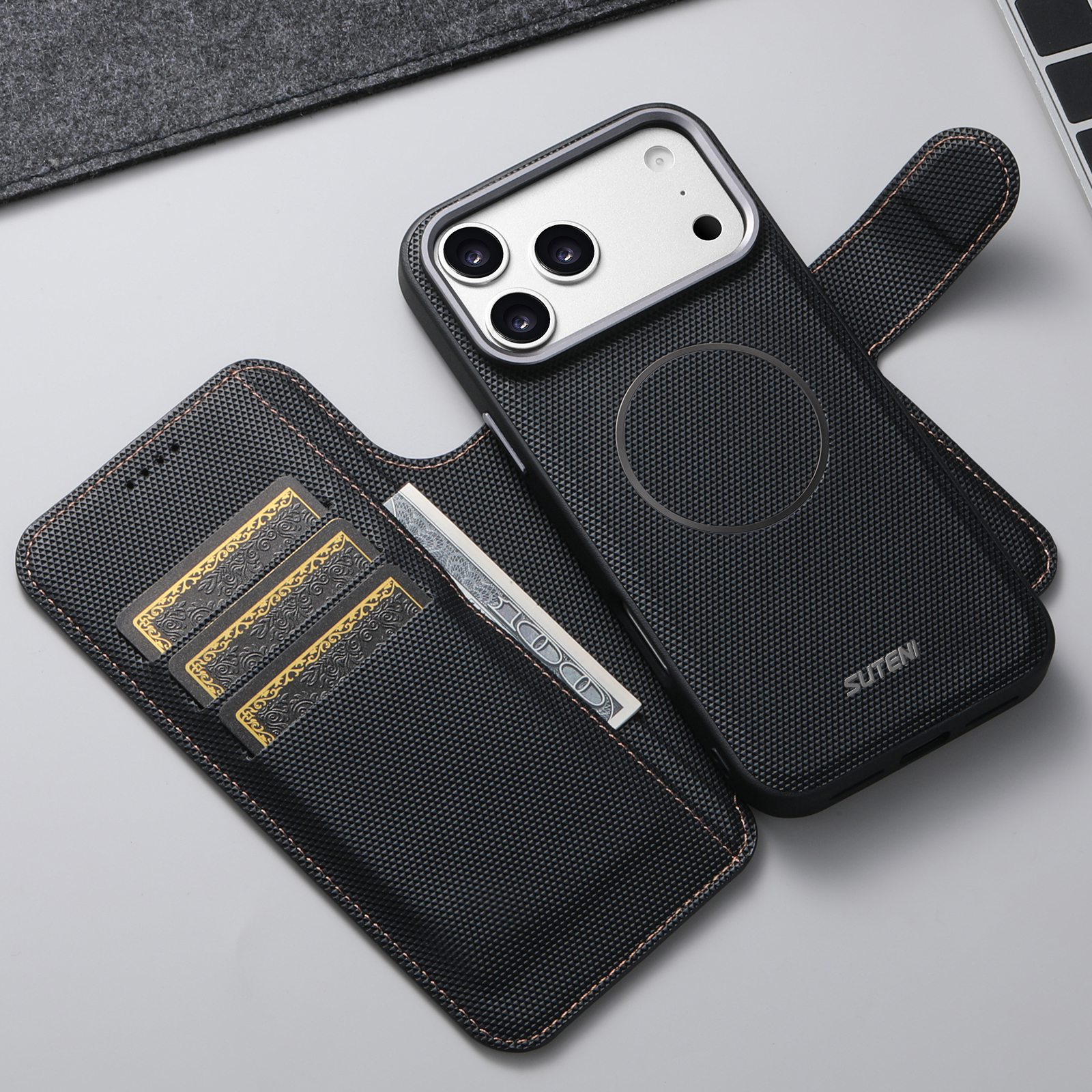 SUTENI Q09 Faux Leather Wireless Charging Card Holder Stand Wallet Magnetic Flip Cover Phone Case For iPhone 17 Pro Max 16 15 14 13