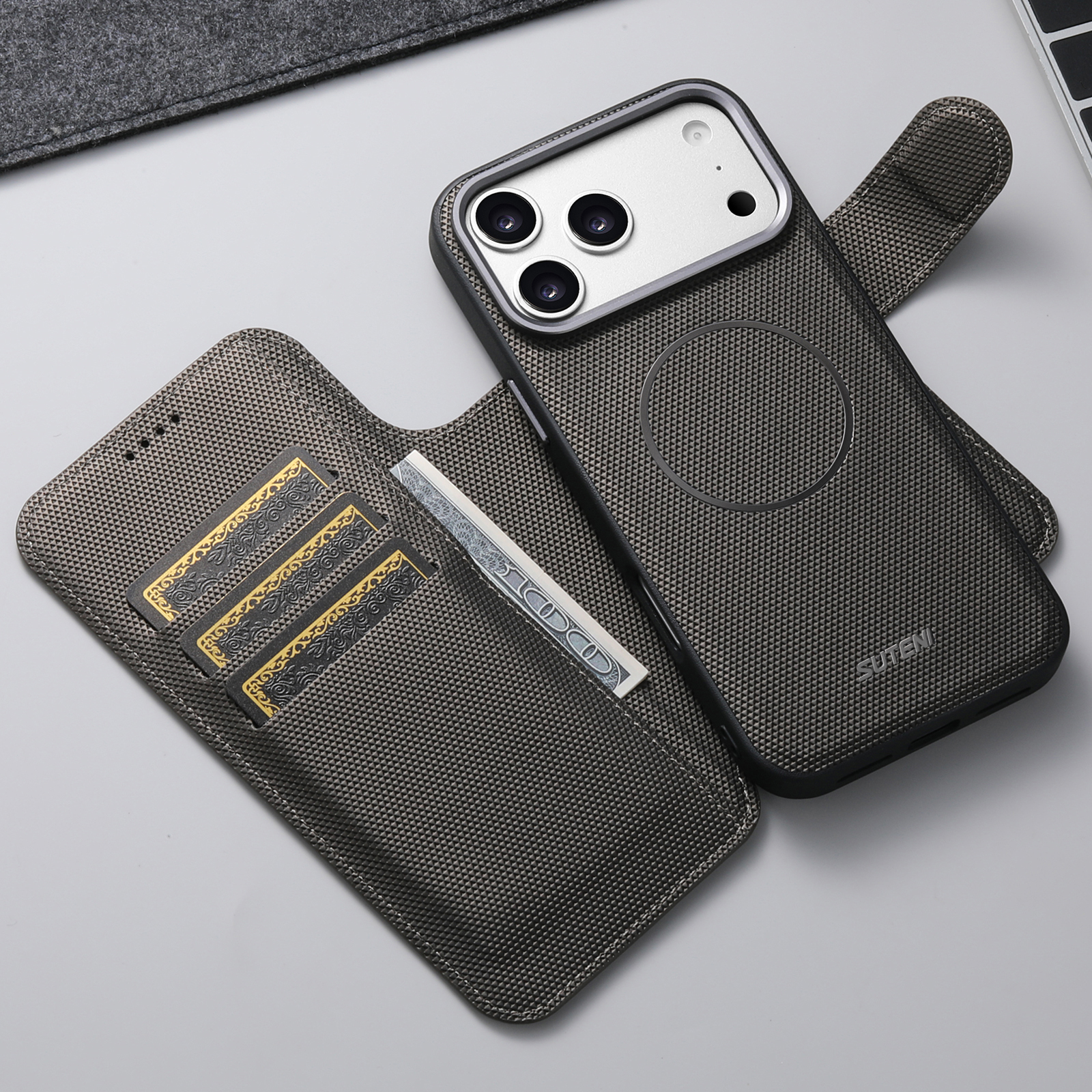 SUTENI Q09 Faux Leather Wireless Charging Card Holder Stand Wallet Magnetic Flip Cover Phone Case For iPhone 17 Pro Max 16 15 14 13