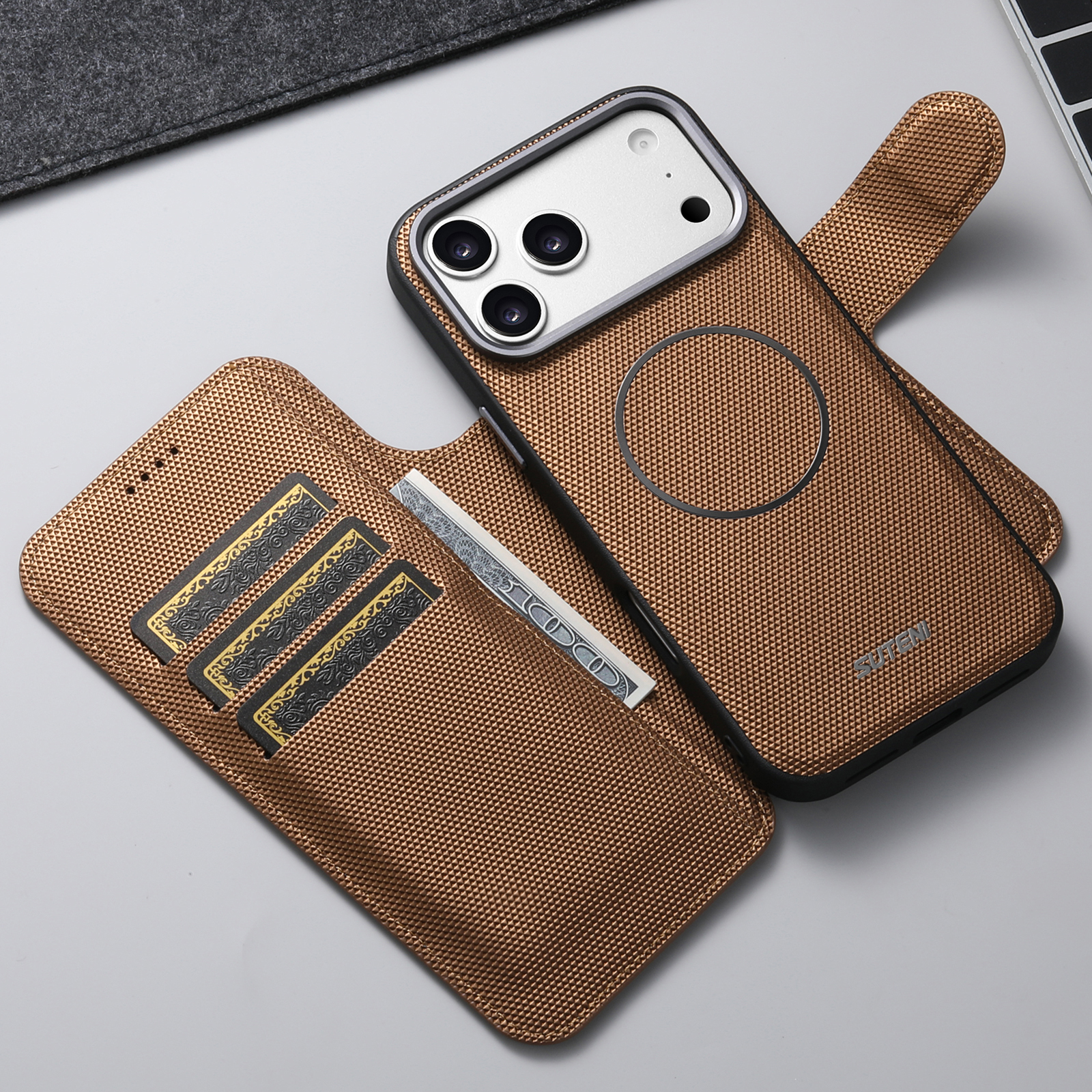 SUTENI Q09 Faux Leather Wireless Charging Card Holder Stand Wallet Magnetic Flip Cover Phone Case For iPhone 17 Pro Max 16 15 14 13