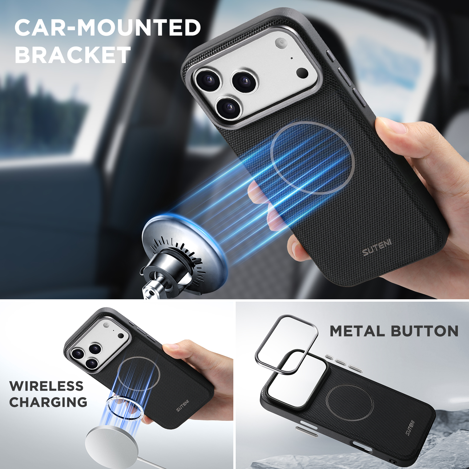 SUTENI Q09 Faux Leather Wireless Charging Card Holder Stand Wallet Magnetic Flip Cover Phone Case For iPhone 17 Pro Max 16 15 14 13