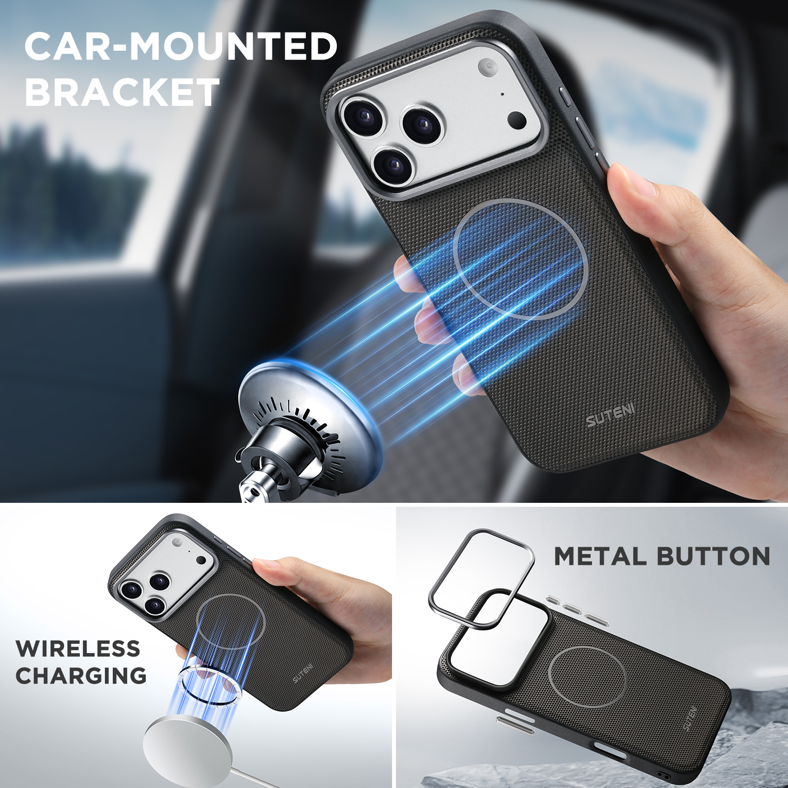 SUTENI Q09 Faux Leather Wireless Charging Card Holder Stand Wallet Magnetic Flip Cover Phone Case For iPhone 17 Pro Max 16 15 14 13