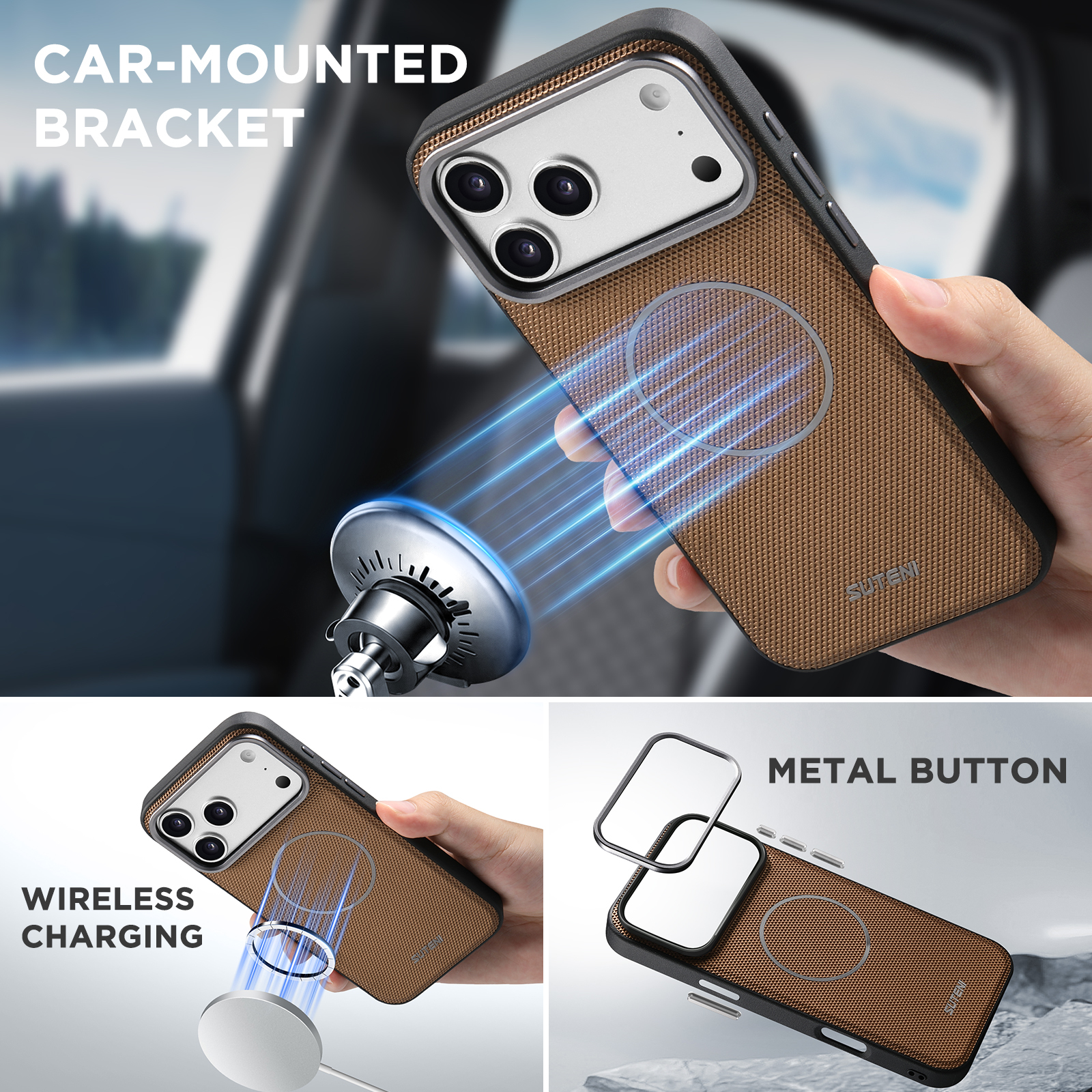 SUTENI Q09 Faux Leather Wireless Charging Card Holder Stand Wallet Magnetic Flip Cover Phone Case For iPhone 17 Pro Max 16 15 14 13