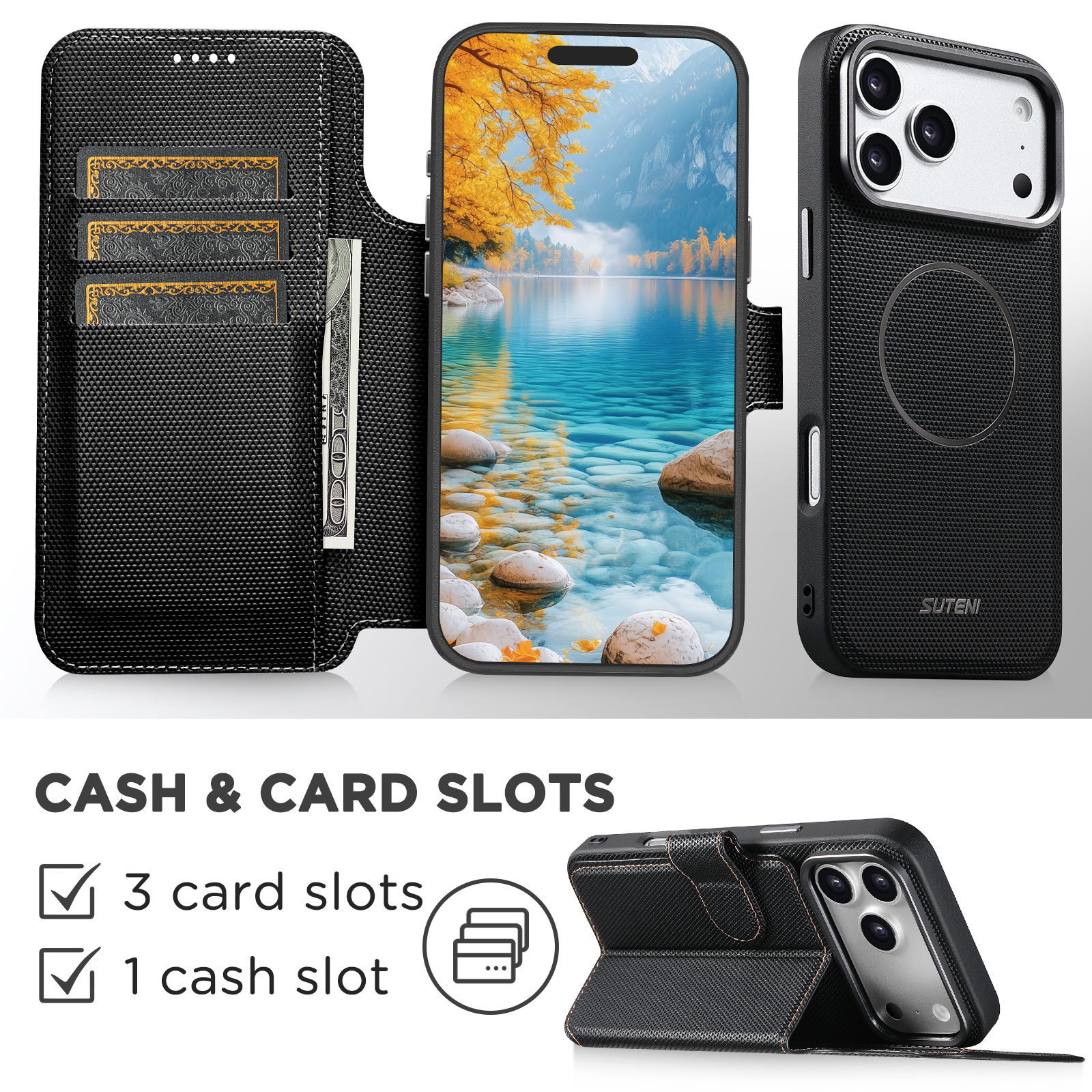 SUTENI Q09 Faux Leather Wireless Charging Card Holder Stand Wallet Magnetic Flip Cover Phone Case For iPhone 17 Pro Max 16 15 14 13