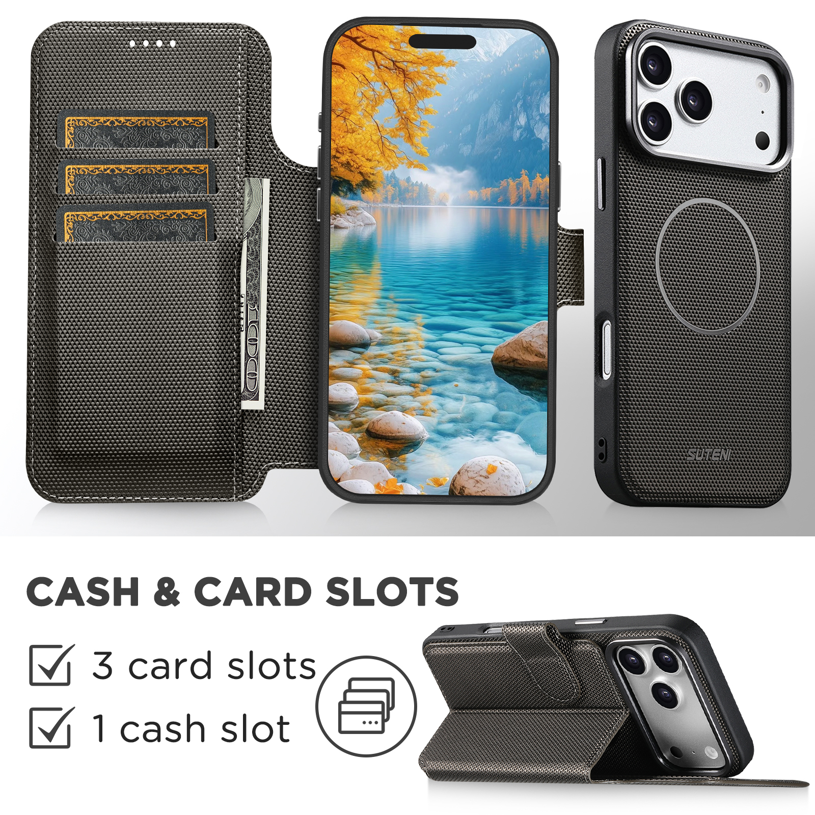 SUTENI Q09 Faux Leather Wireless Charging Card Holder Stand Wallet Magnetic Flip Cover Phone Case For iPhone 17 Pro Max 16 15 14 13