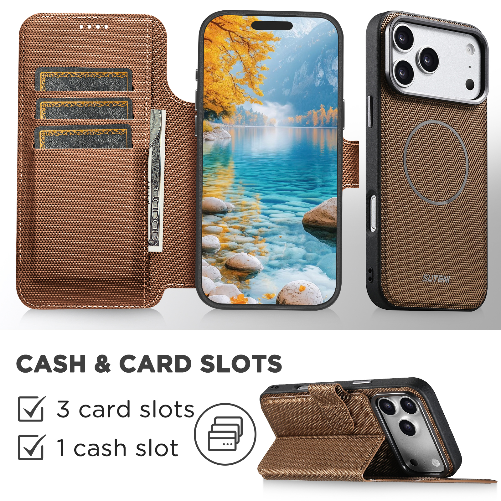 SUTENI Q09 Faux Leather Wireless Charging Card Holder Stand Wallet Magnetic Flip Cover Phone Case For iPhone 17 Pro Max 16 15 14 13