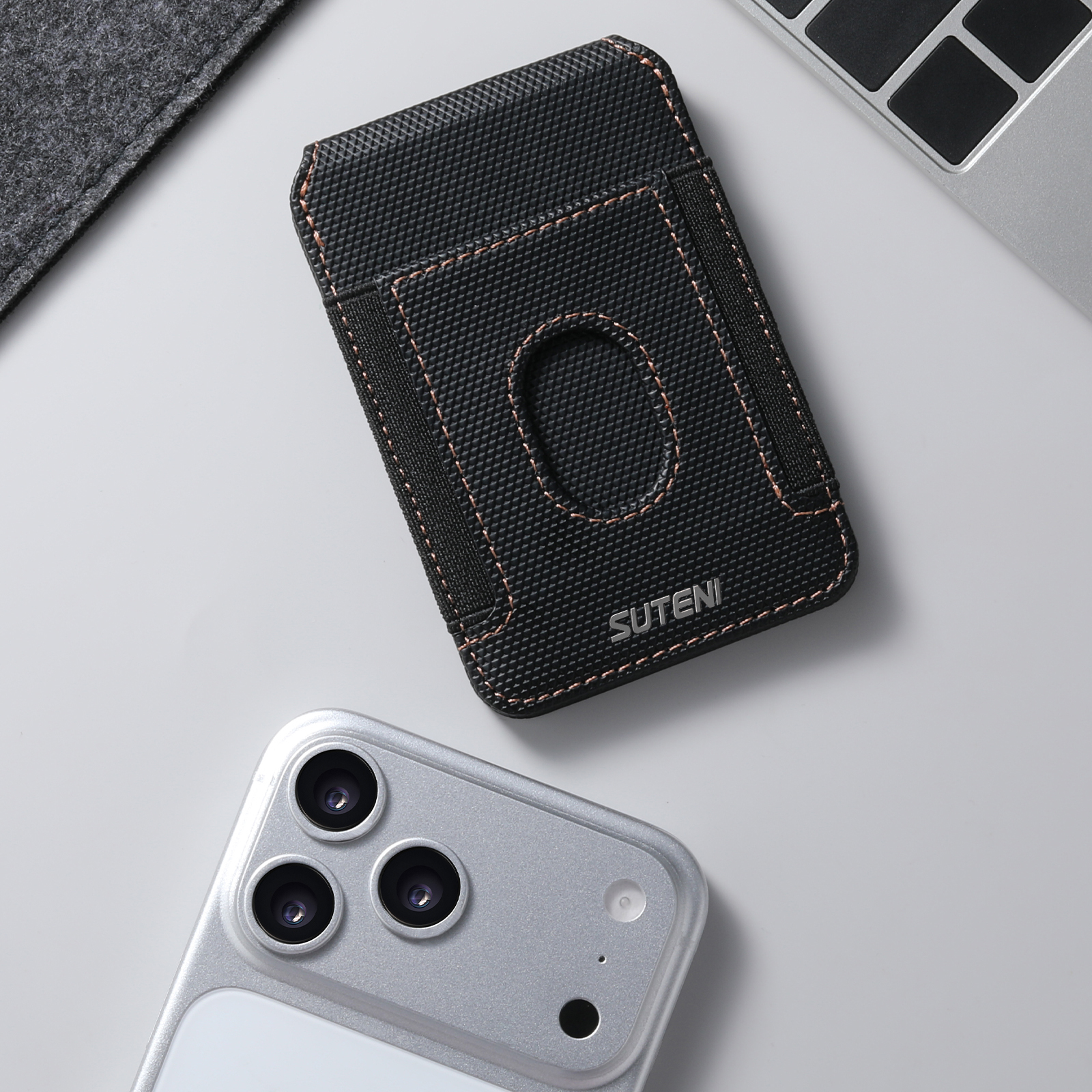 SUTENI S6 Mobile Phone Stand Magnet Flip Pocket Card Holder Storage Multi-angle Support Can Fixed Metal Shaft RFID Luxury Faux Leather Bag Wallet