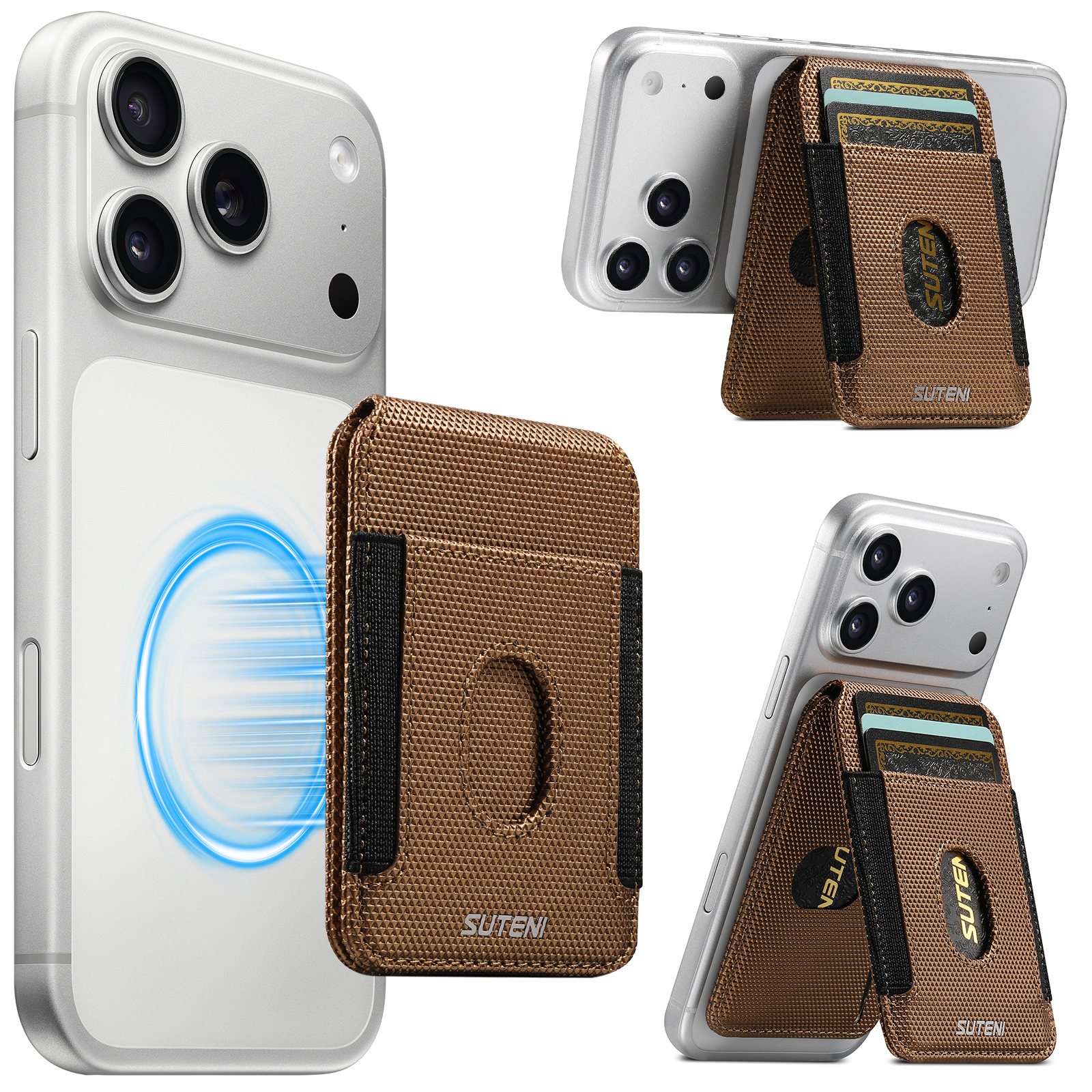 SUTENI S6 Mobile Phone Stand Magnet Flip Pocket Card Holder Storage Multi-angle Support Can Fixed Metal Shaft RFID Luxury Faux Leather Bag Wallet